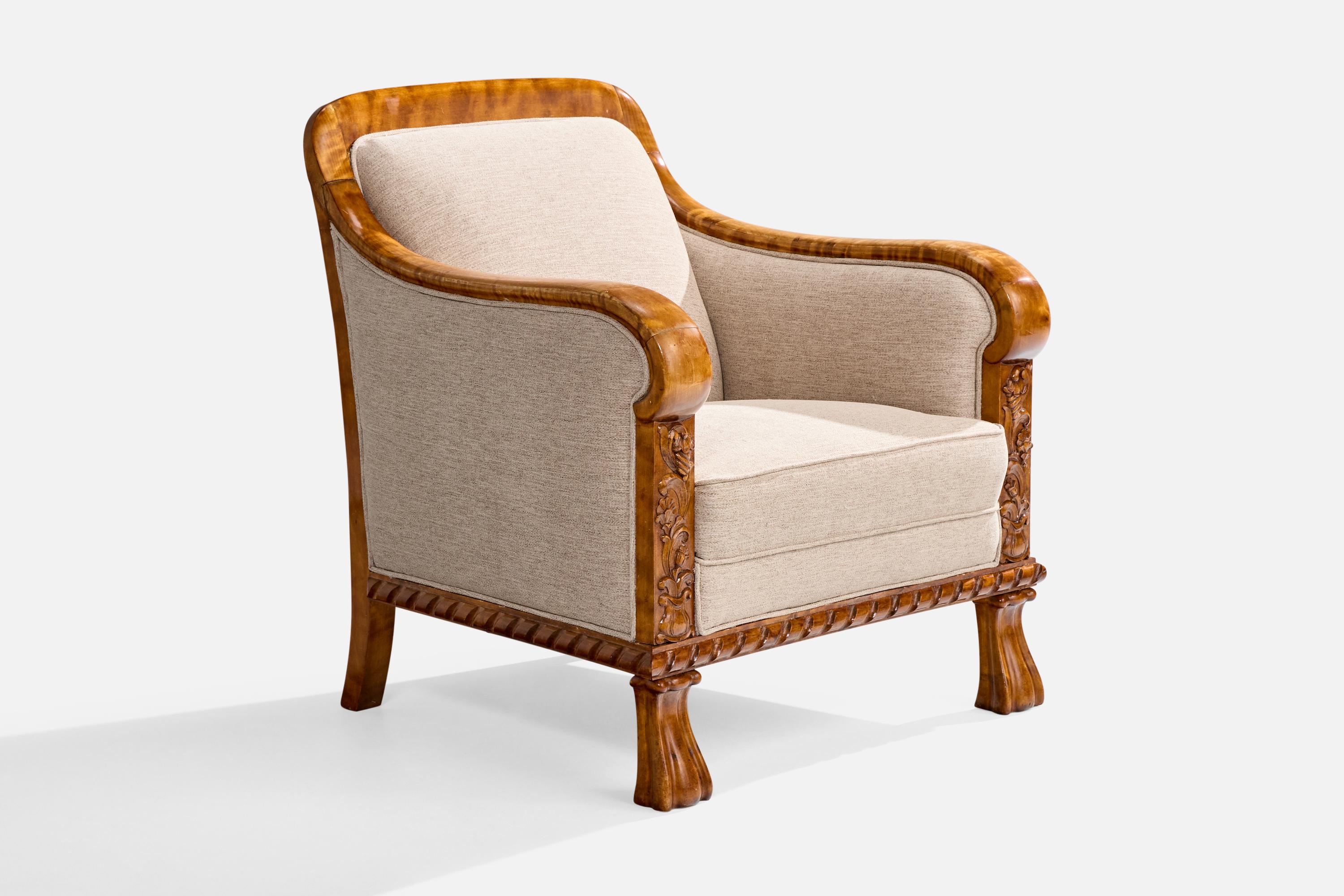 Schwedische Designerin, Loungesessel, Birke, Stoff, Schweden, 1910er Jahre 1