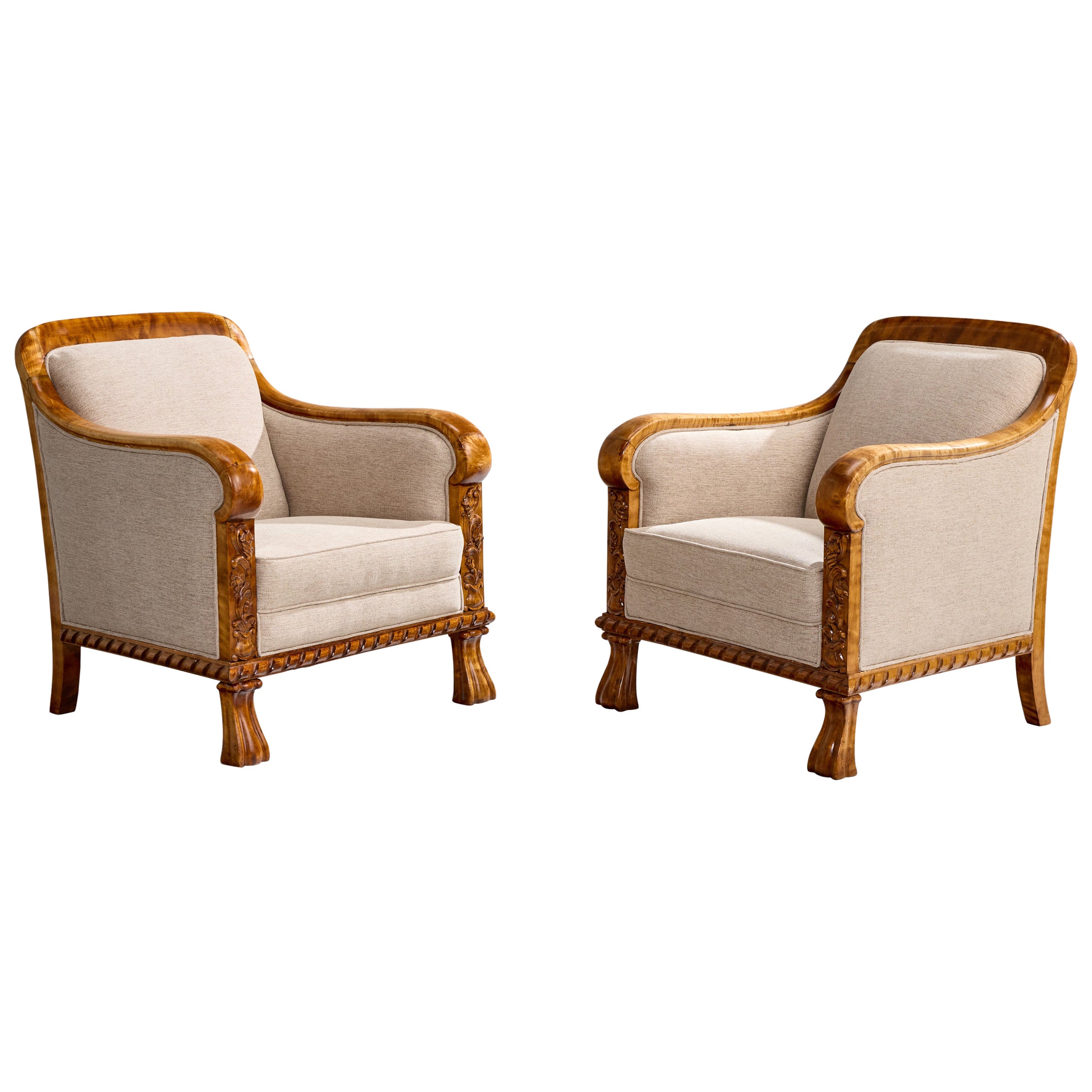 Swedish Designer, Lounge Chairs, Birch, Fabric, Sweden, 1910s