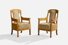 Swedish Designer, Lounge Chairs, Birch, Fabric, Sweden, 1910s