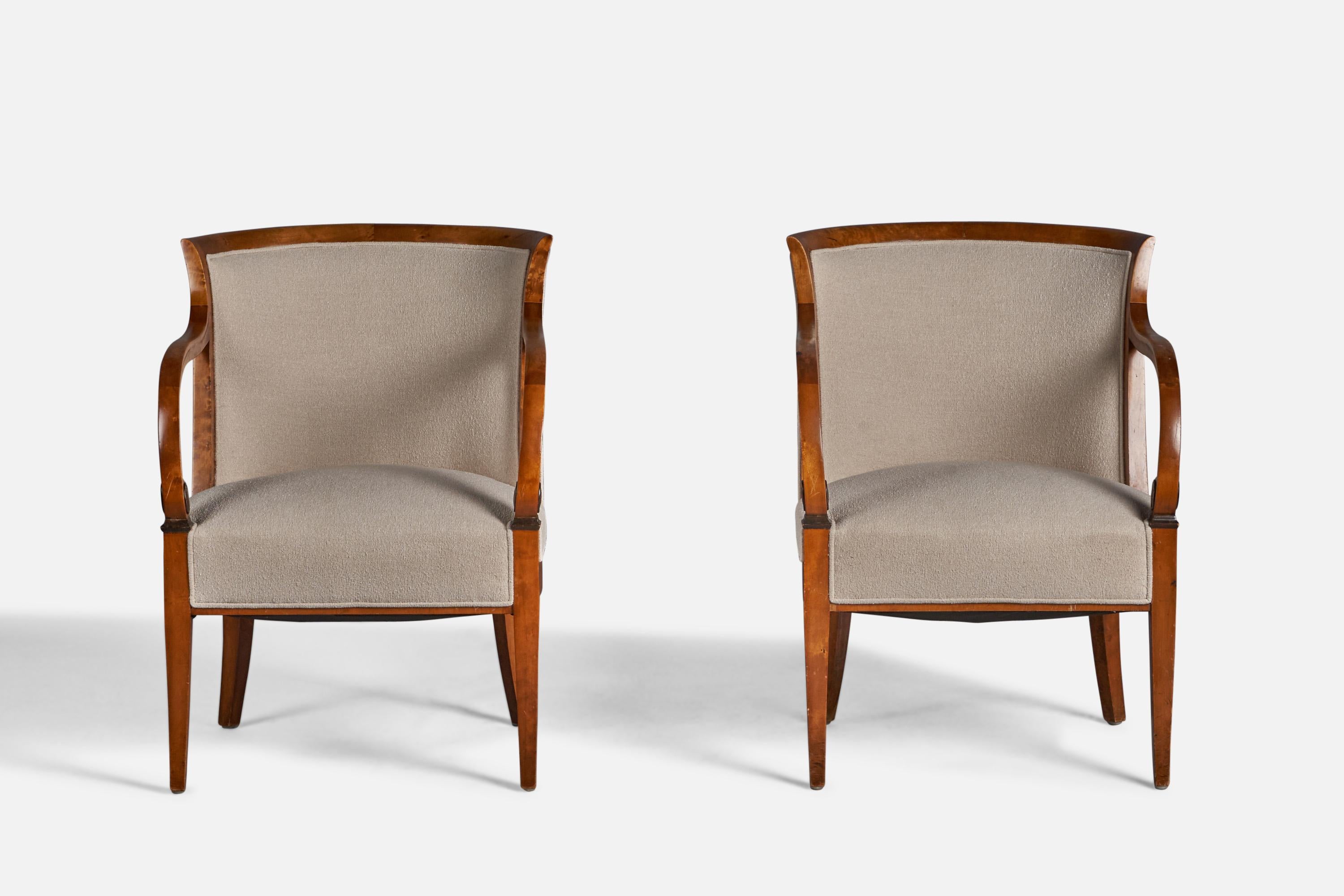 Art Deco Swedish Designer, Lounge Chairs, Birch, Fabric, Sweden, 1920s For Sale