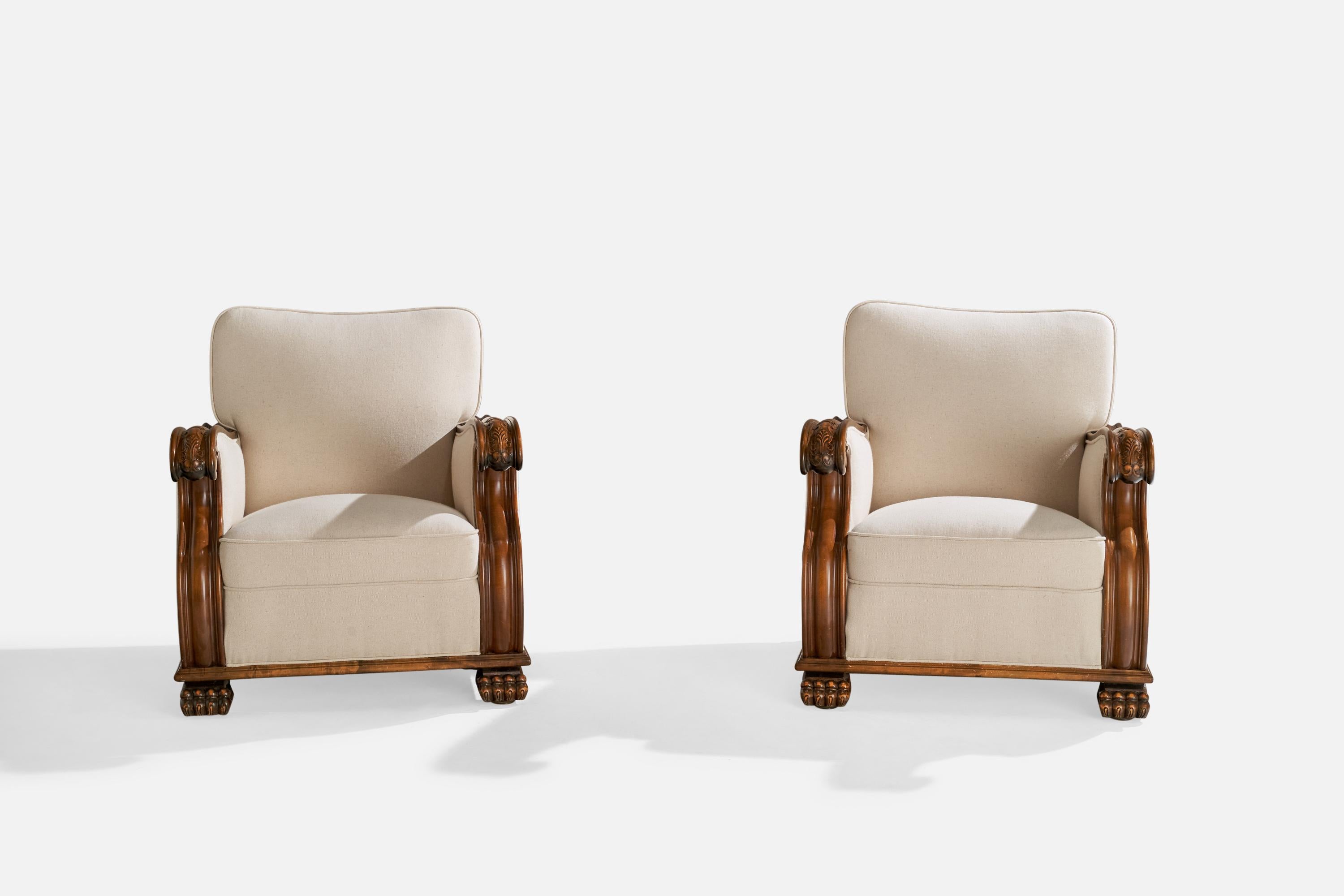 Début du 20ème siècle Designer suédois, fauteuils de salon, bouleau, tissu, Suède, années 1920 en vente