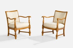 Swedish Designer, Lounge Chairs, Birch, Fabric, Sweden, 1930s