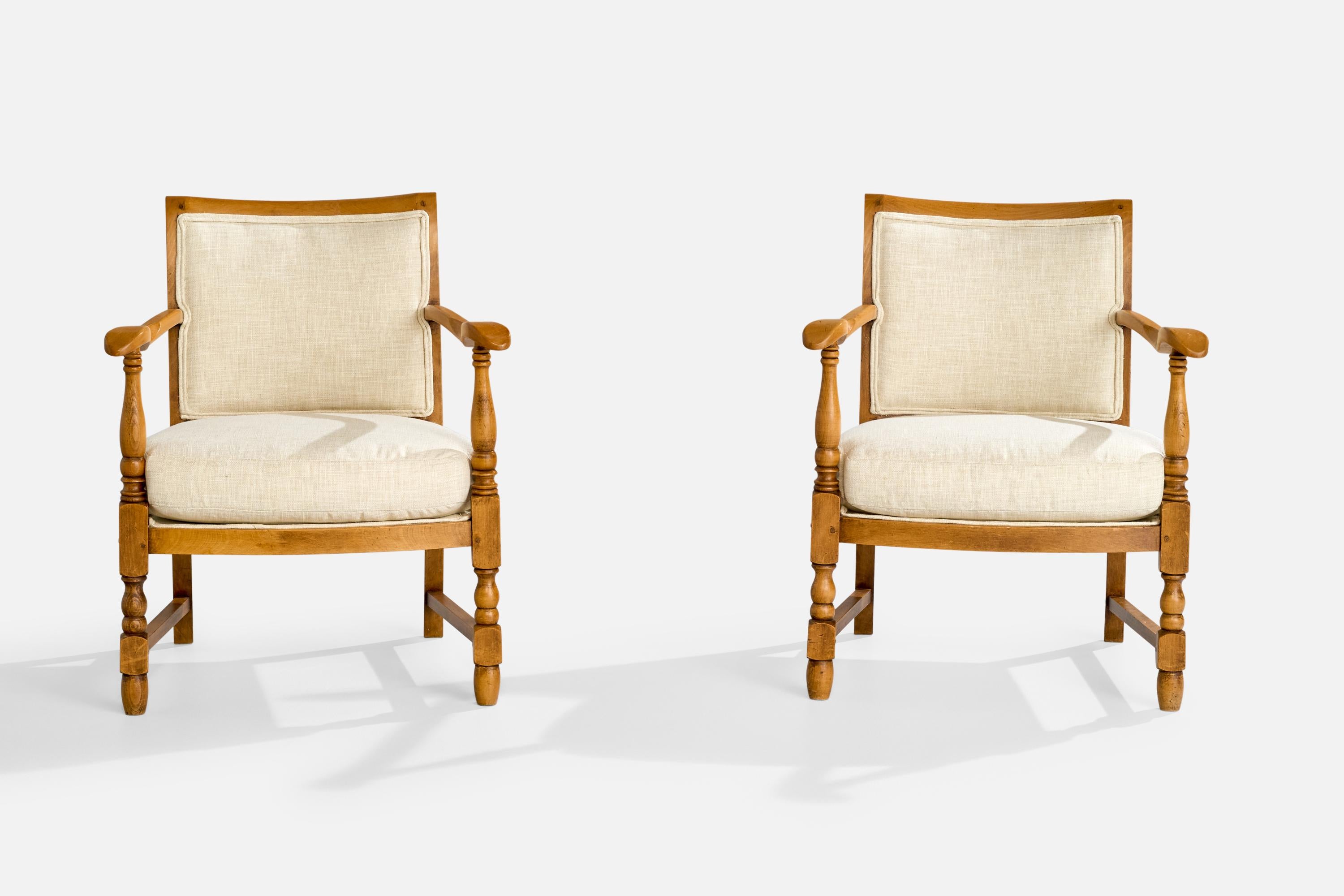 Suédois Swedish Designer, Lounge Chairs, Birch, Fabric, Sweden, 1930s en vente