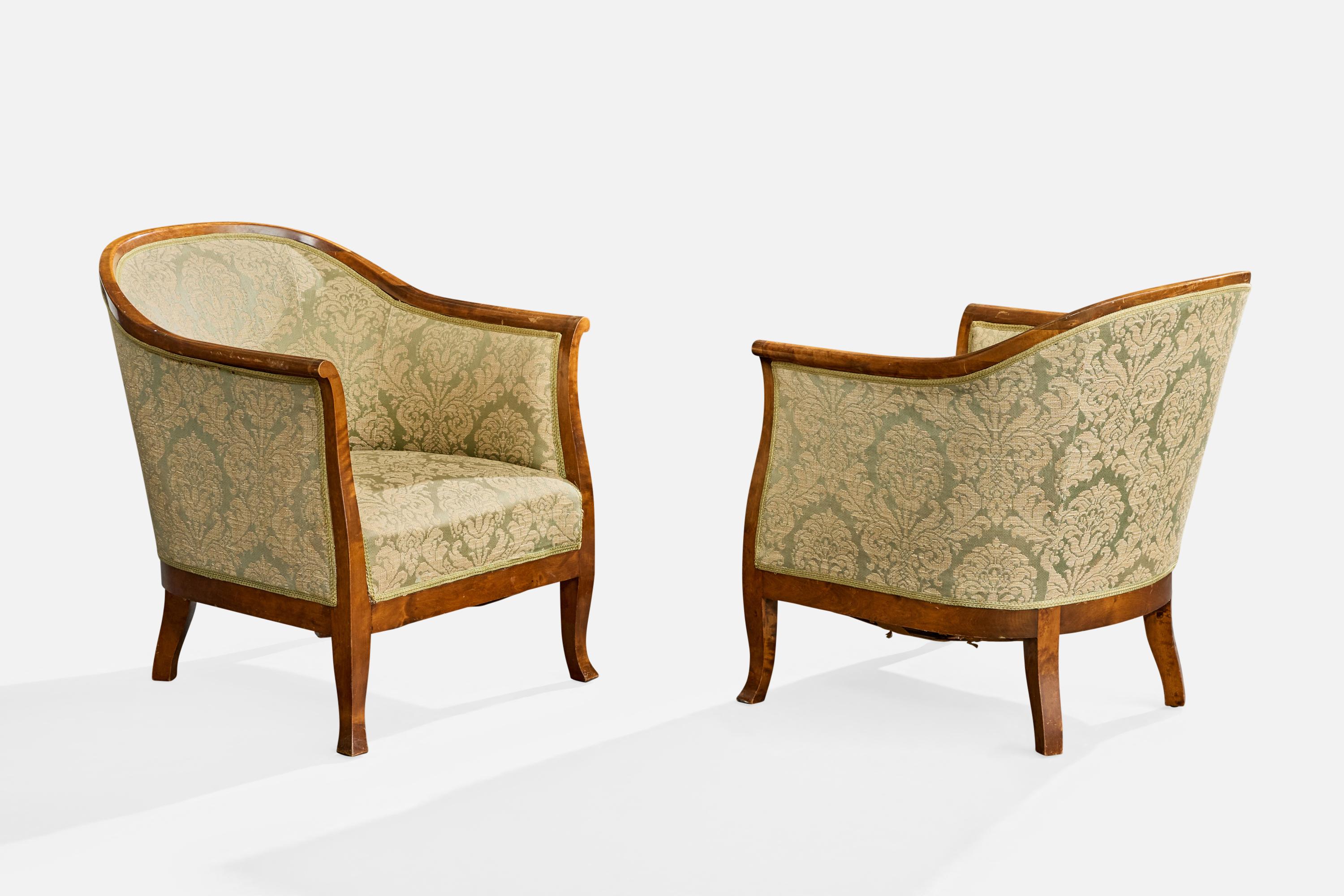 Scandinave moderne Designer suédois, fauteuils de salon, bouleau, tissu, Suède, années 1930 en vente