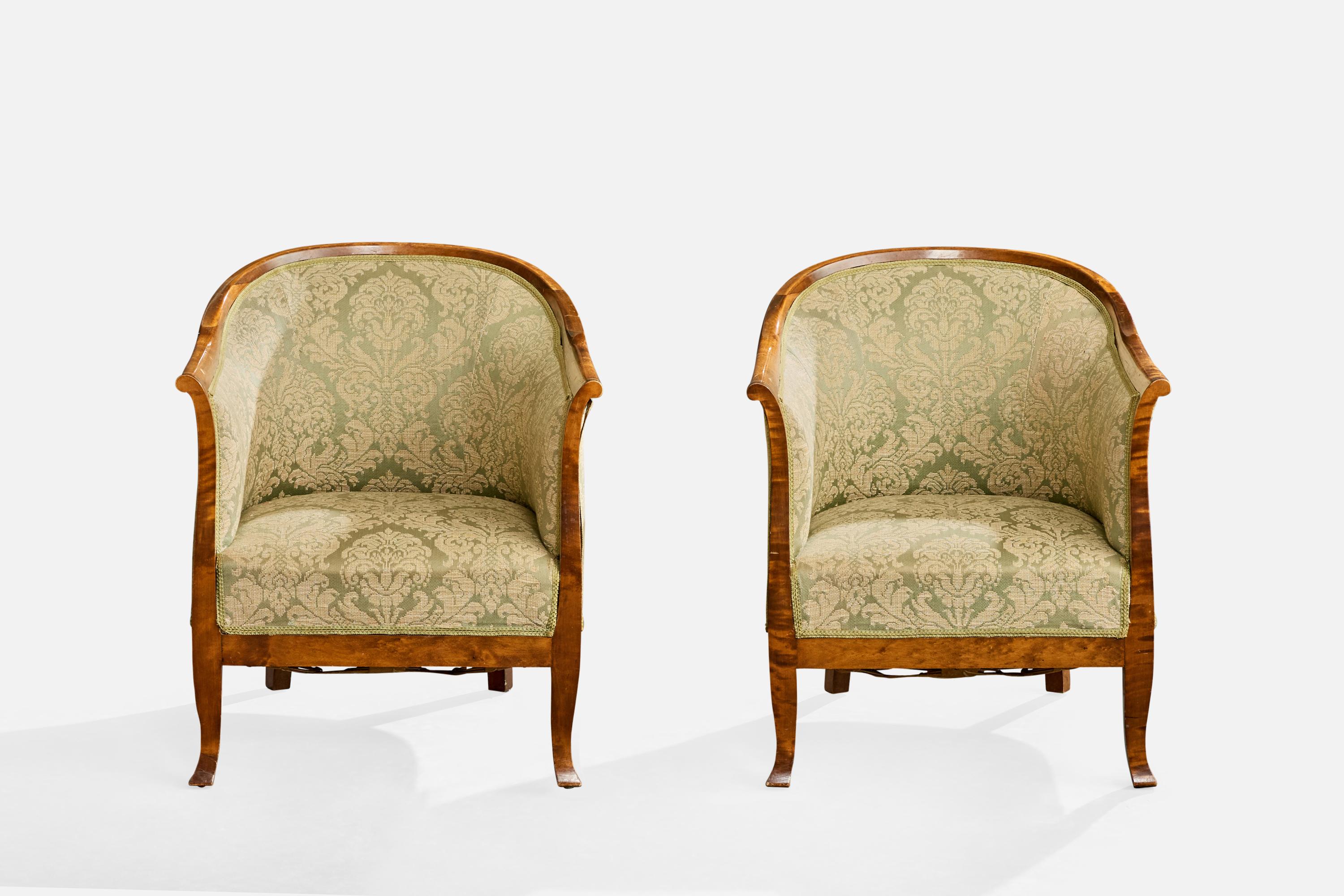 Suédois Designer suédois, fauteuils de salon, bouleau, tissu, Suède, années 1930 en vente