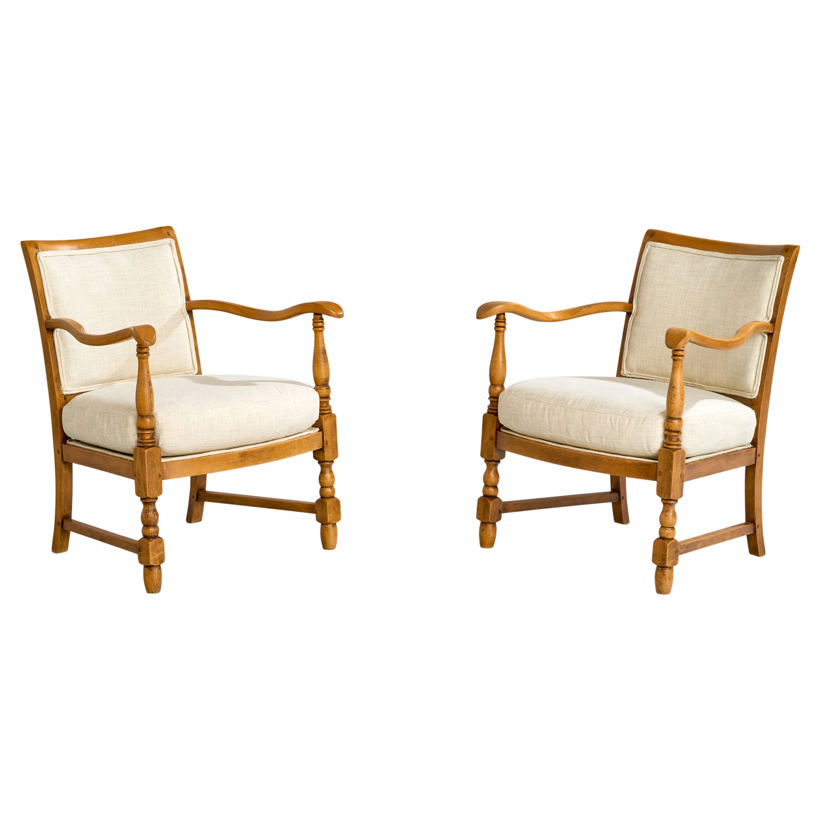 Swedish Designer, Lounge Chairs, Birch, Fabric, Sweden, 1930s im Angebot
