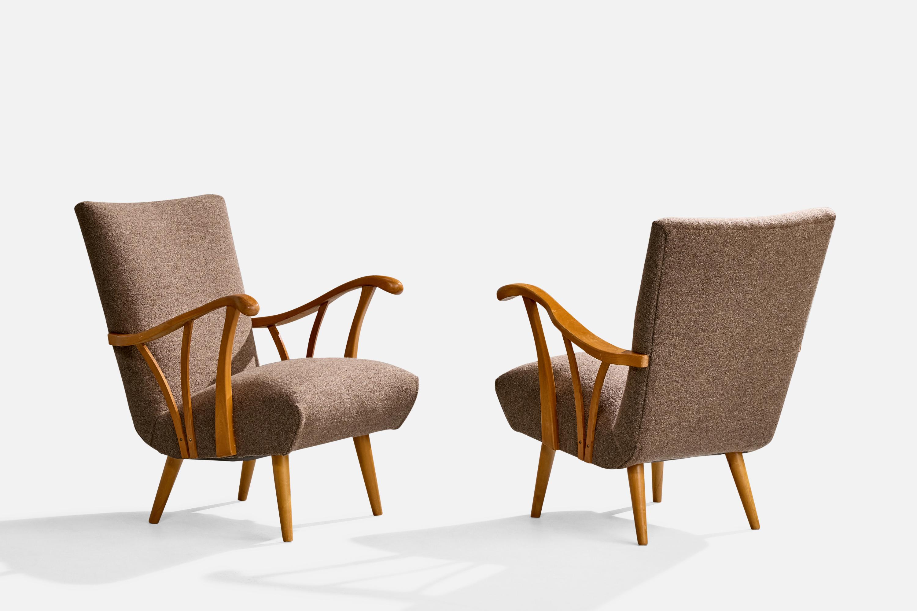 Scandinavian Modern Swedish Designer, Lounge Chairs, Birch, Fabric, Sweden, 1940s For Sale
