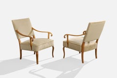 Swedish Designer, Lounge Chairs, Birch, Velvet, Sweden, 1920s