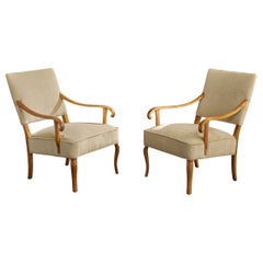 Swedish Designer, Lounge Chairs, Birch, Velvet, Sweden, 1920s