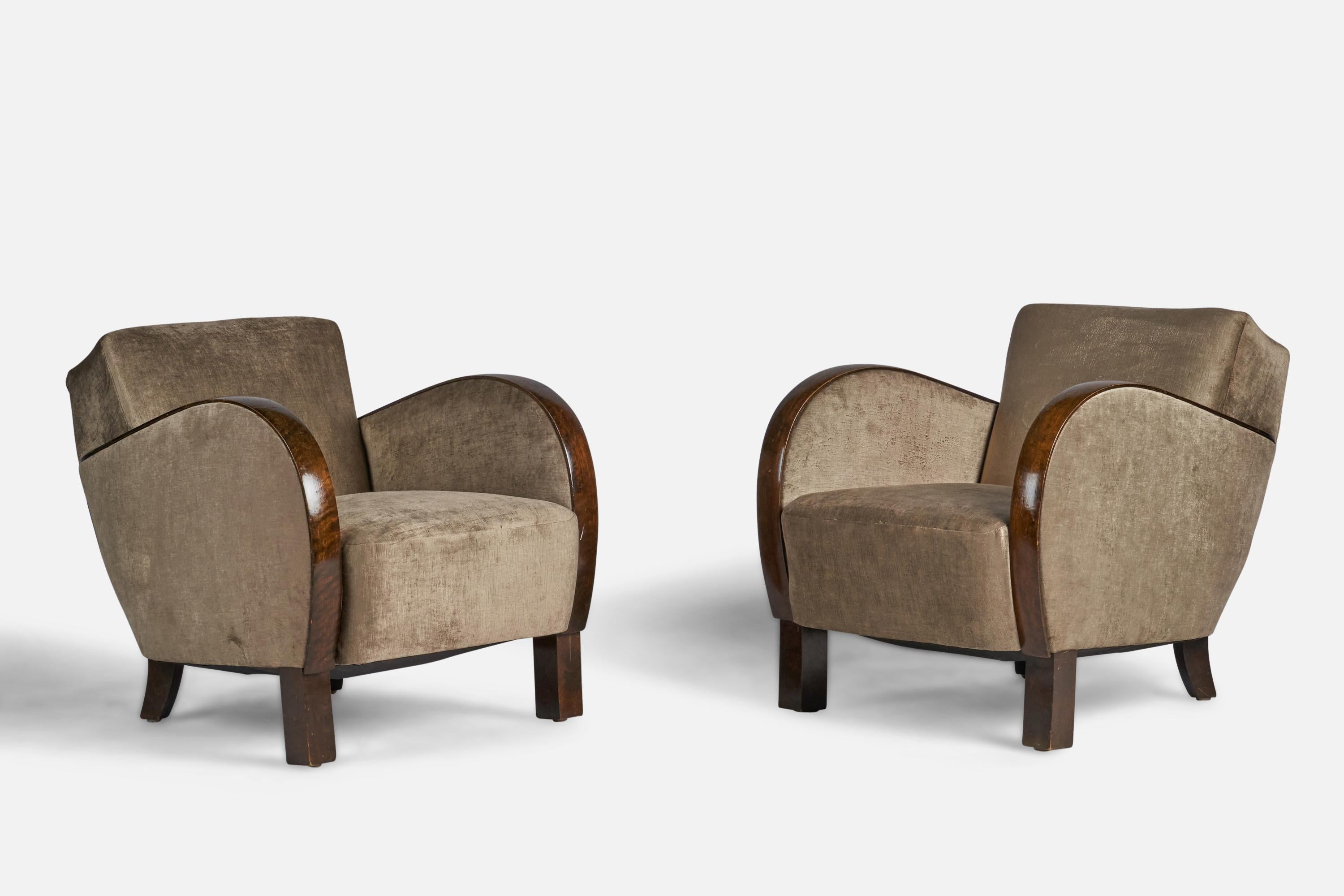 A pair of stained birch and grey velvet lounge chairs designed and produced in Sweden, 1930s.

16.5” seat height