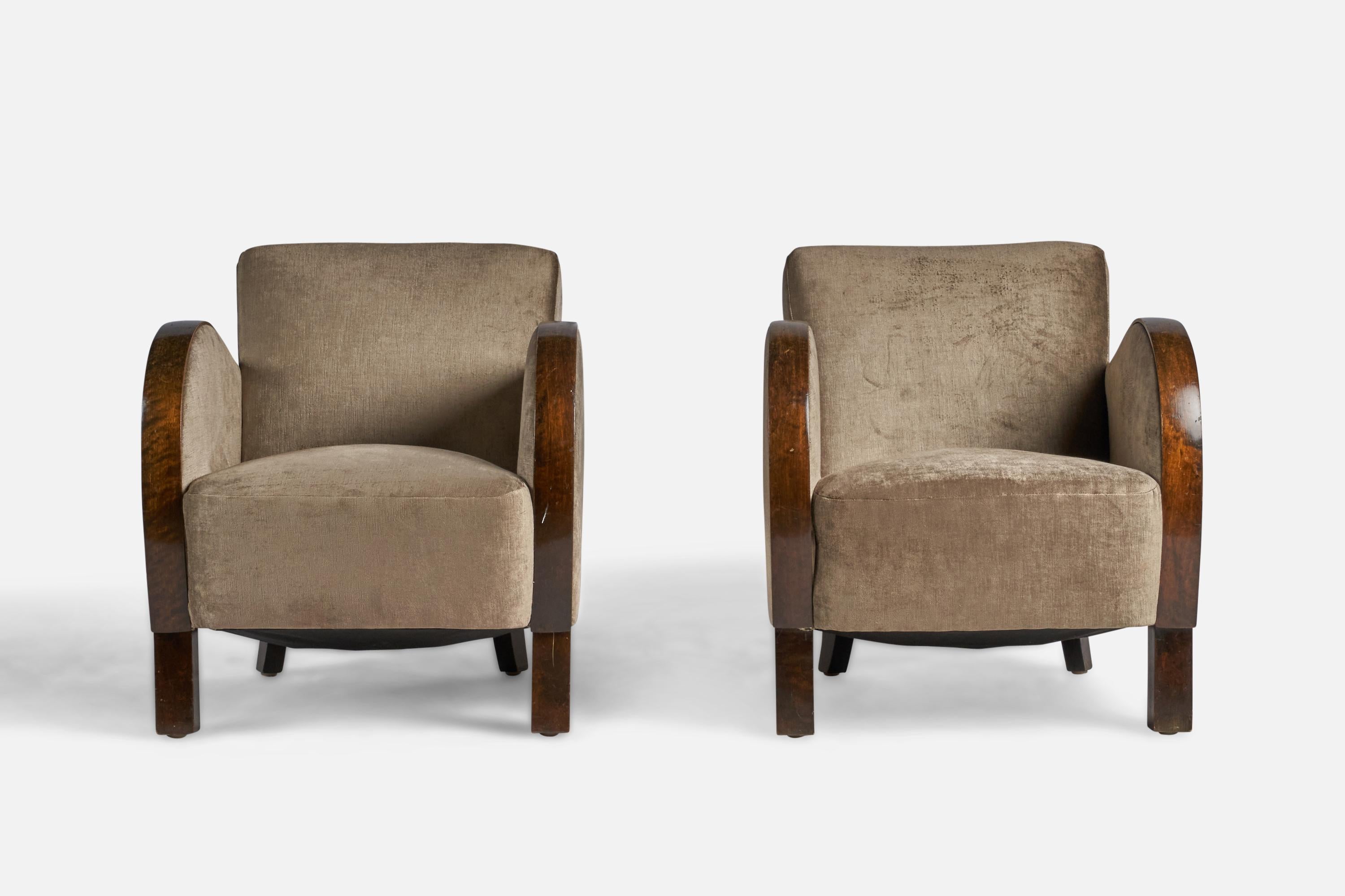 Art Deco Swedish Designer, Lounge Chairs, Birch, Velvet, Sweden, 1930s For Sale