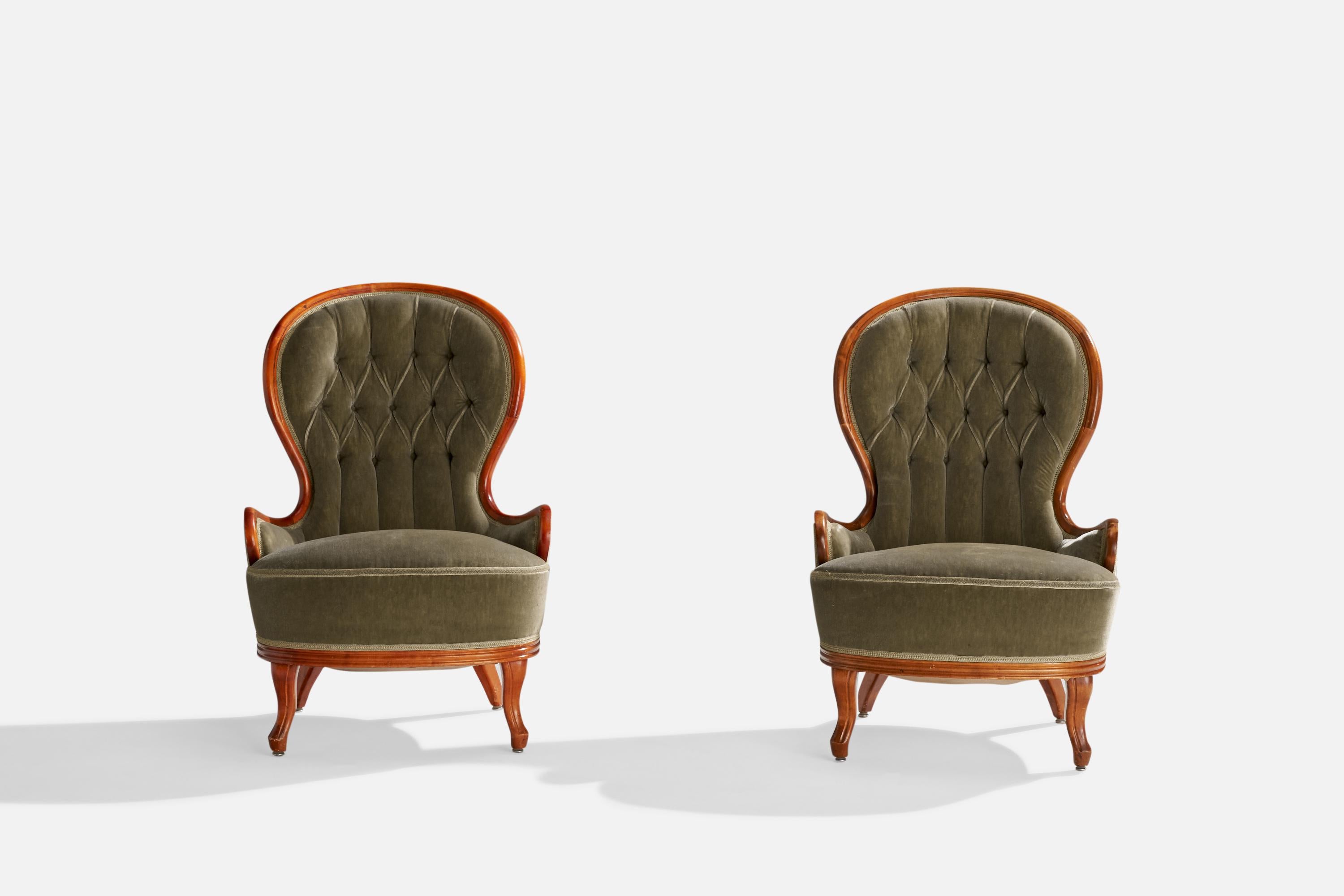 Neoclassical Swedish Designer, Lounge Chairs, Birch, Velvet, Sweden, 1930s For Sale