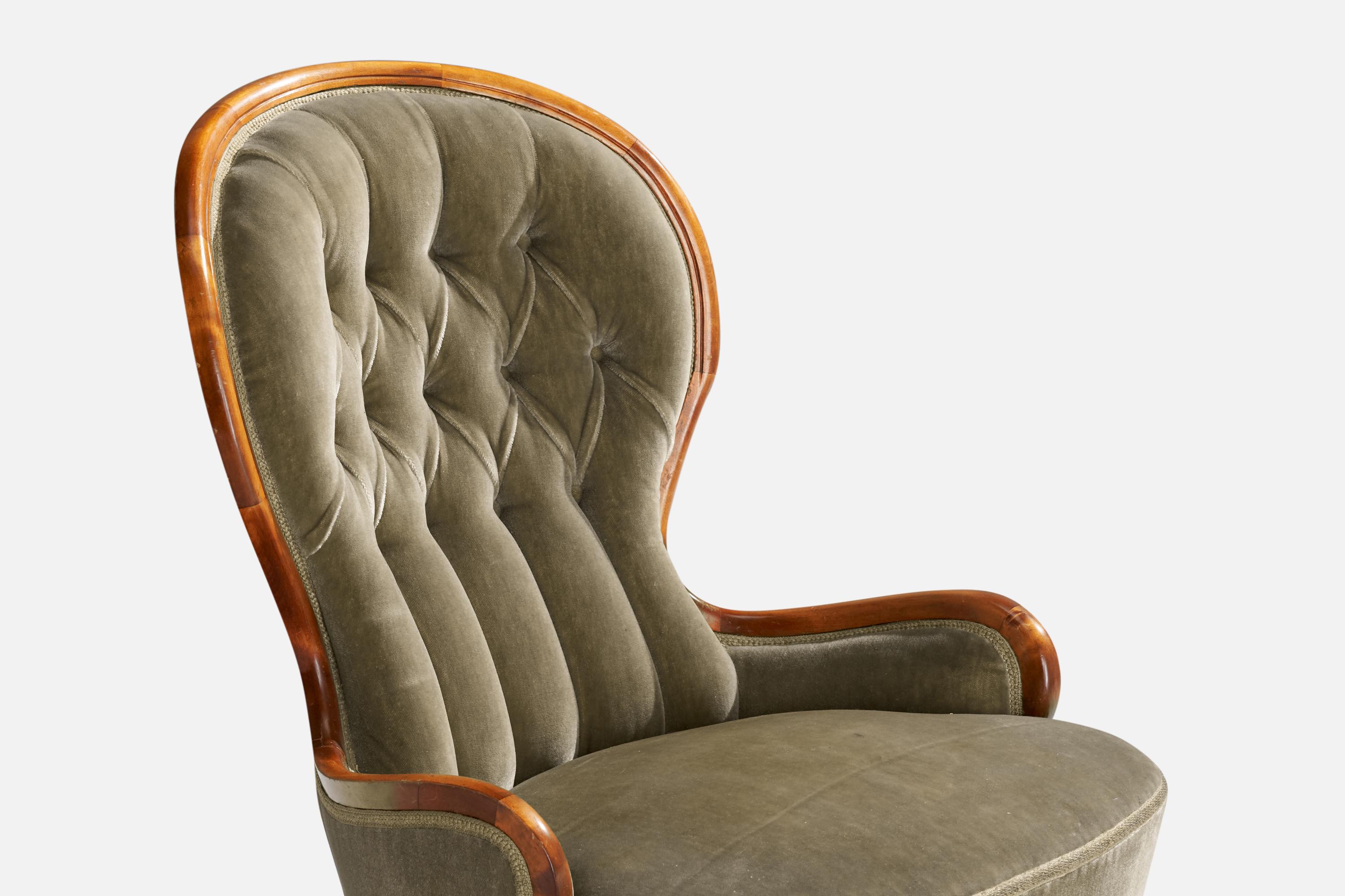 Mid-20th Century Swedish Designer, Lounge Chairs, Birch, Velvet, Sweden, 1930s For Sale