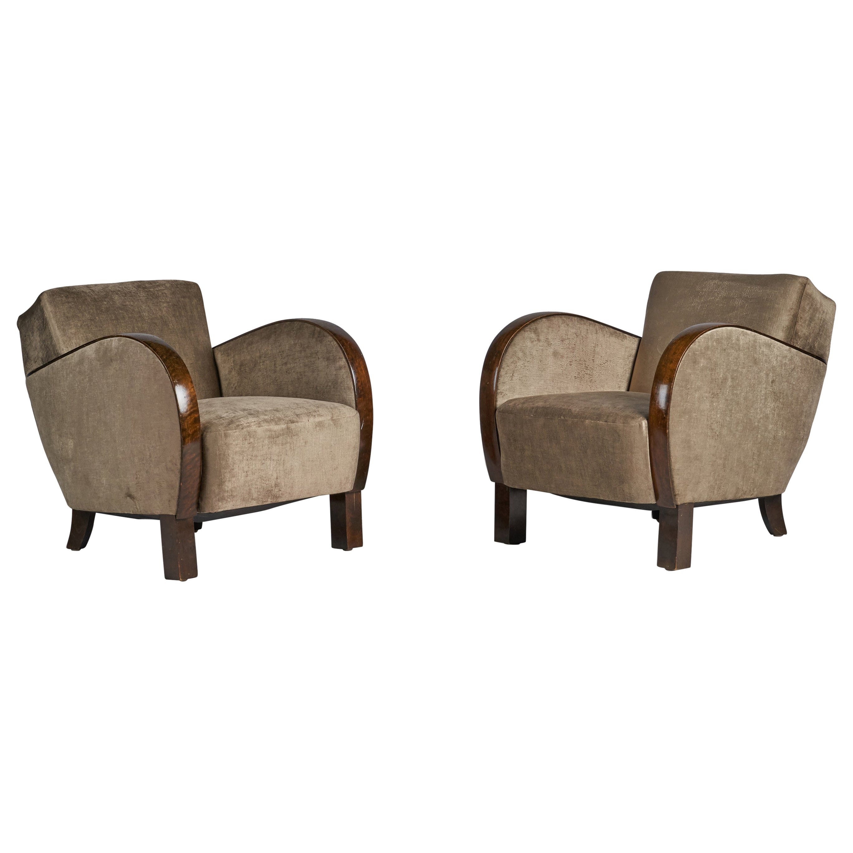 Swedish Designer, Lounge Chairs, Birch, Velvet, Sweden, 1930s