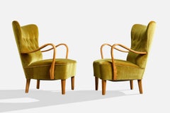 Schwedischer Designer, Loungesessel, Birke, Samt, Schweden, 1940er Jahre