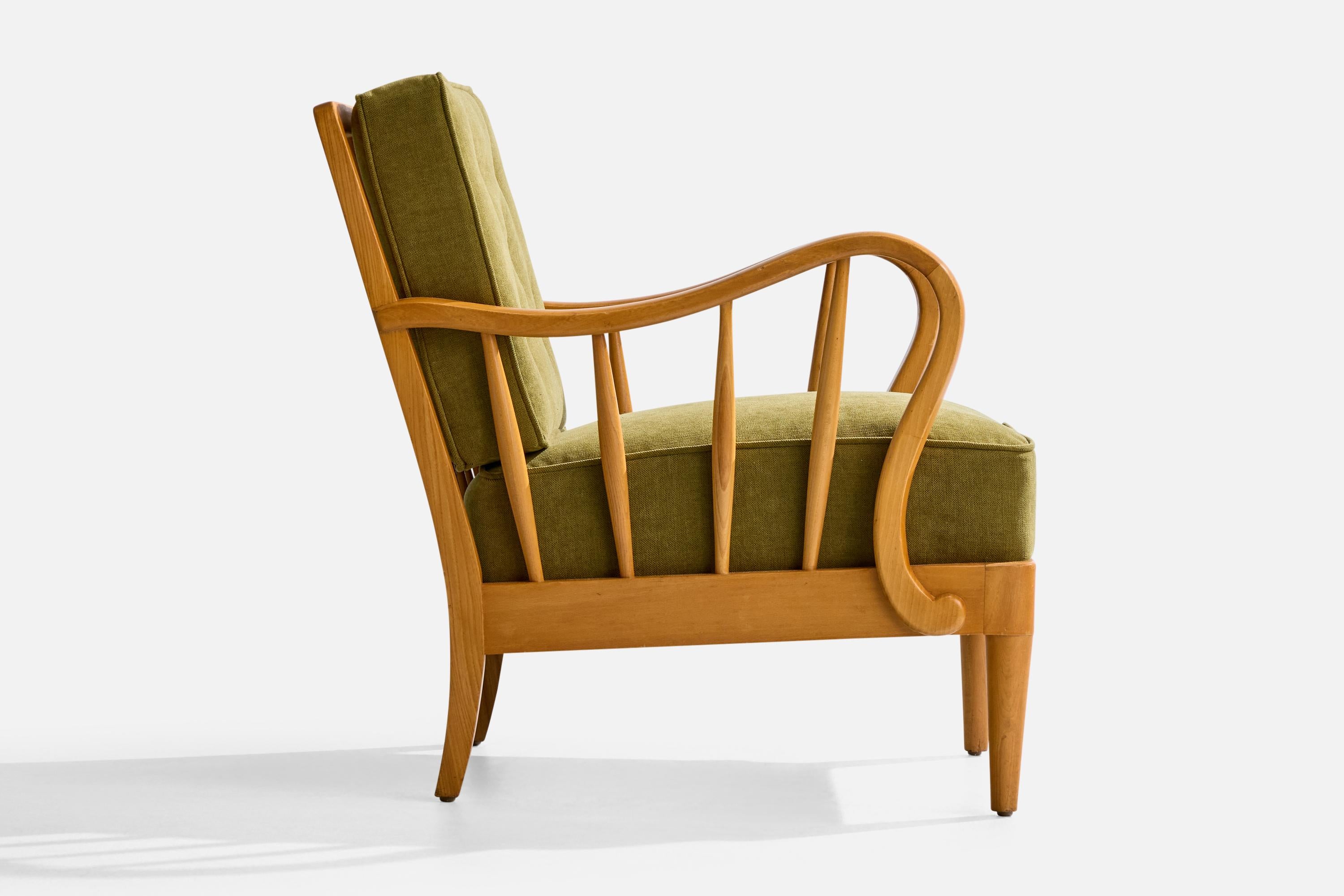 Swedish Designer, Lounge Chairs, Elm, Beech, Fabric, Sweden, 1940s For Sale 5