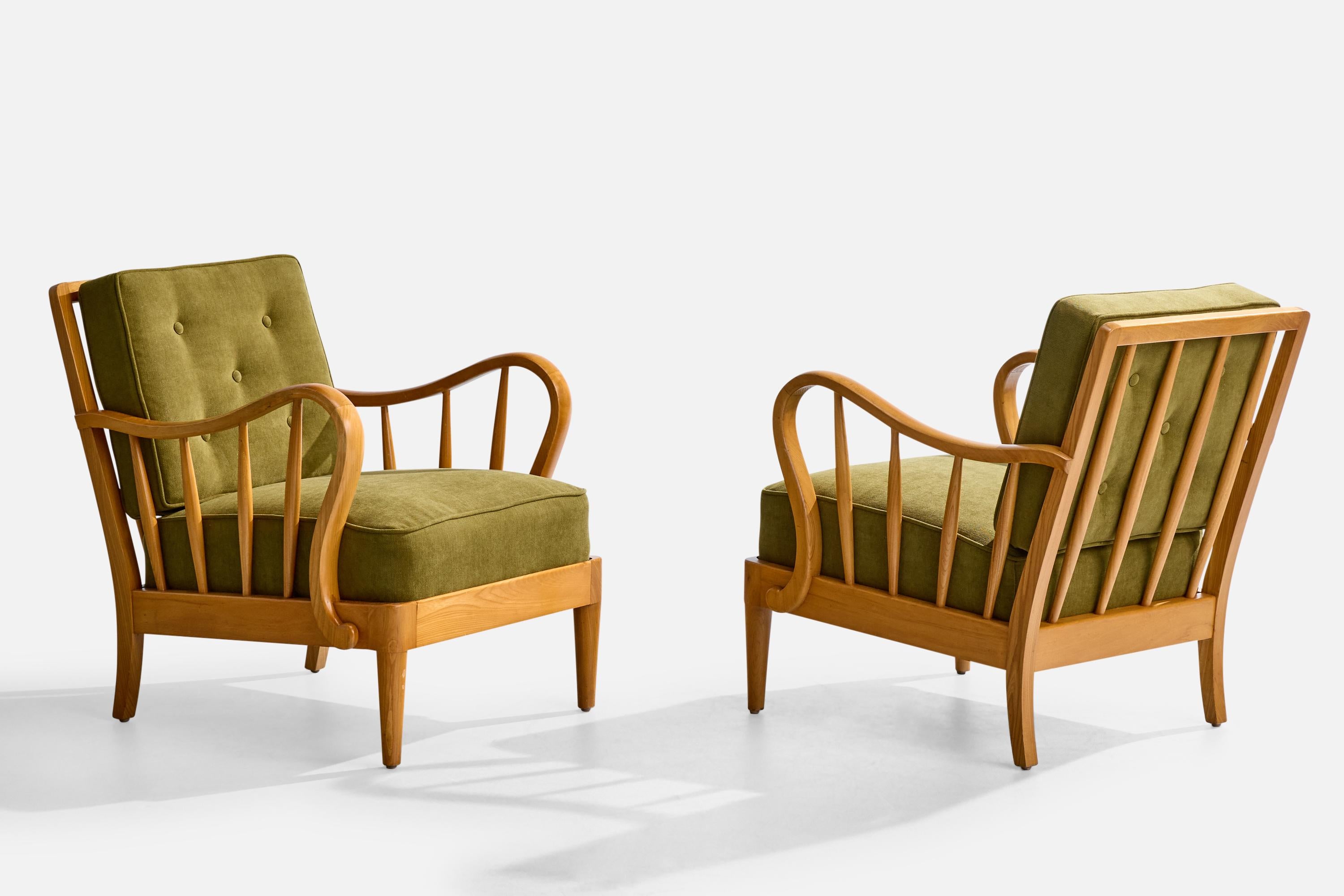 Swedish Designer, Lounge Chairs, Elm, Beech, Fabric, Sweden, 1940s For Sale 1