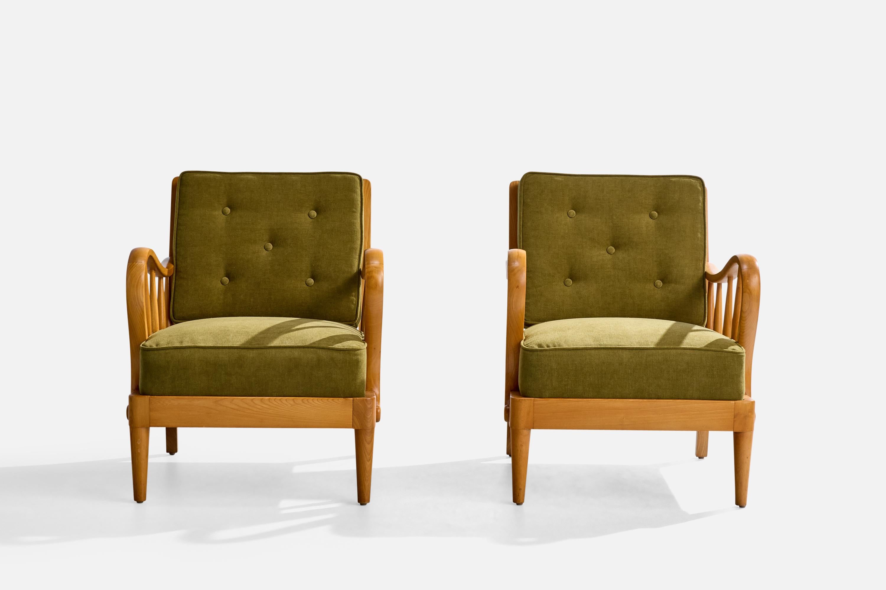 Swedish Designer, Lounge Chairs, Elm, Beech, Fabric, Sweden, 1940s For Sale 2