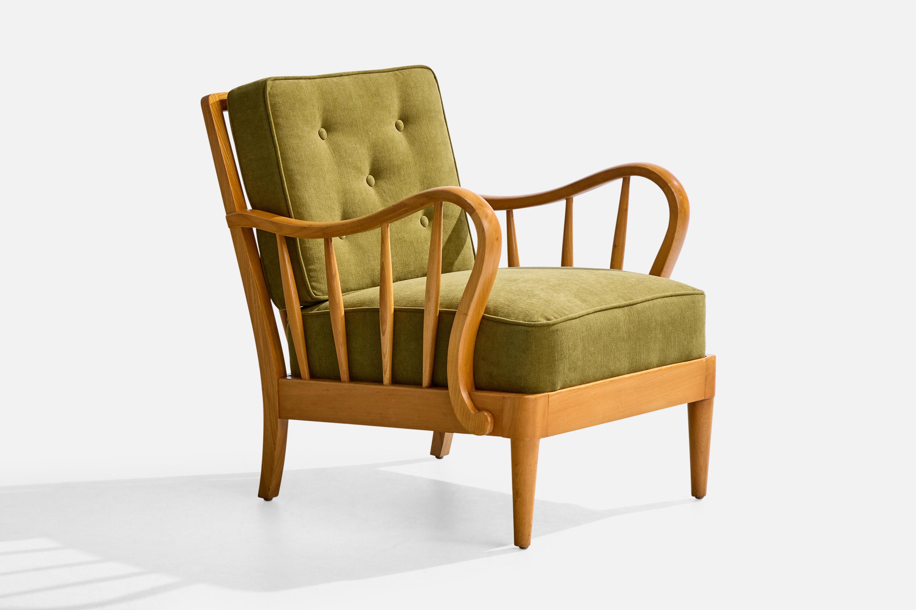 Swedish Designer, Lounge Chairs, Elm, Beech, Fabric, Sweden, 1940s For Sale 3