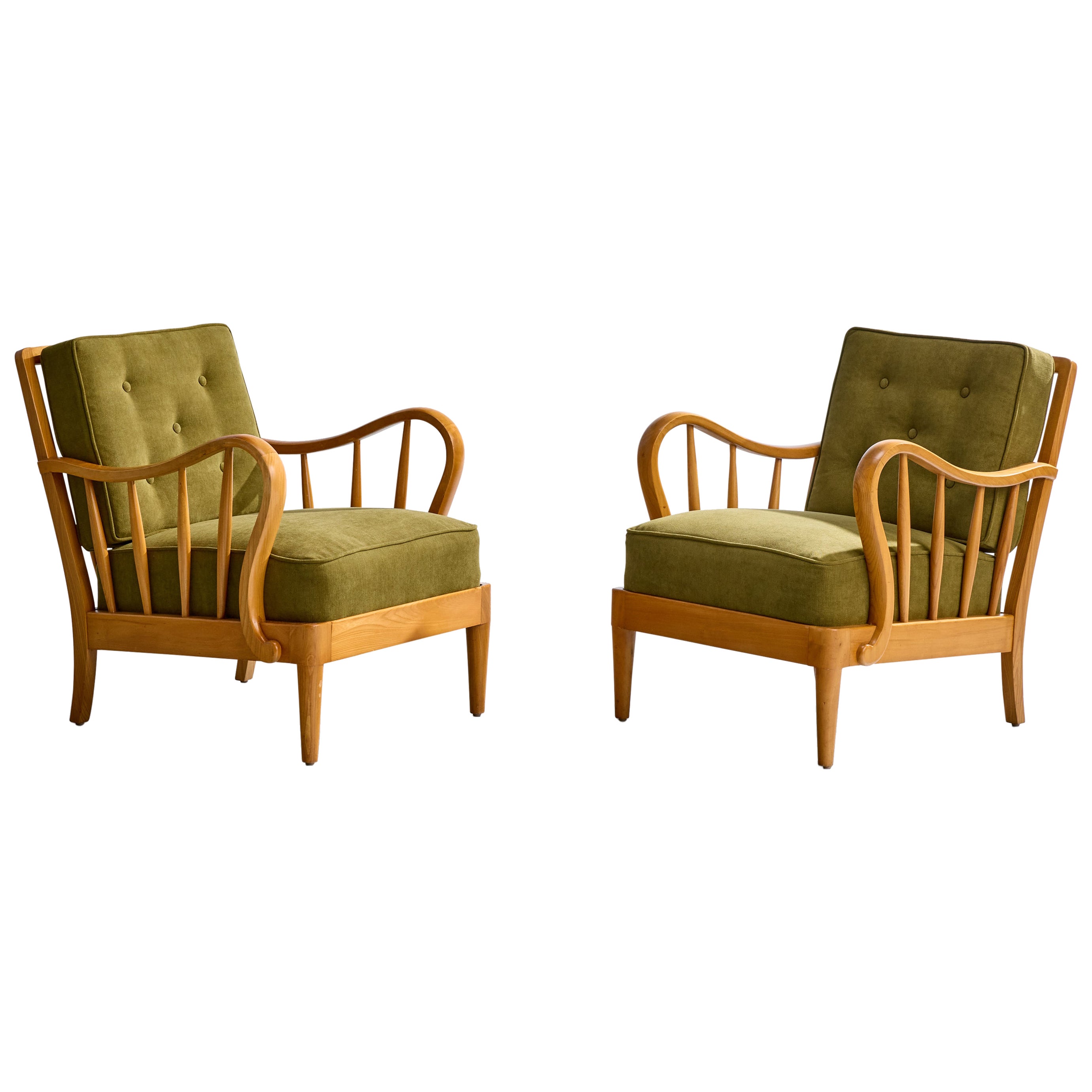 Swedish Designer, Lounge Chairs, Elm, Beech, Fabric, Sweden, 1940s