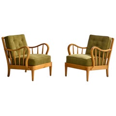 Swedish Designer, Lounge Chairs, Elm, Beech, Fabric, Sweden, 1940s