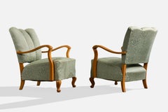 Swedish Designer, Lounge Chairs, Elm, Fabric, Sweden, 1930s