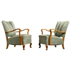 Swedish Designer, Lounge Chairs, Elm, Fabric, Sweden, 1930s