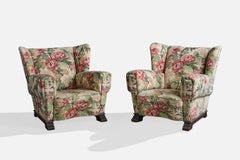 Swedish Designer, Lounge Chairs, Fabric, Wood, Sweden, 1940s