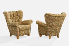 Swedish Designer, Lounge Chairs, Fabric, Wood, Sweden, 1940s