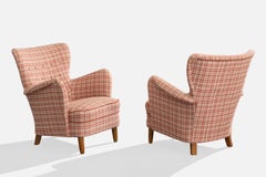 Swedish Designer, Lounge Chairs, Fabric, Wood, Sweden, 1940s