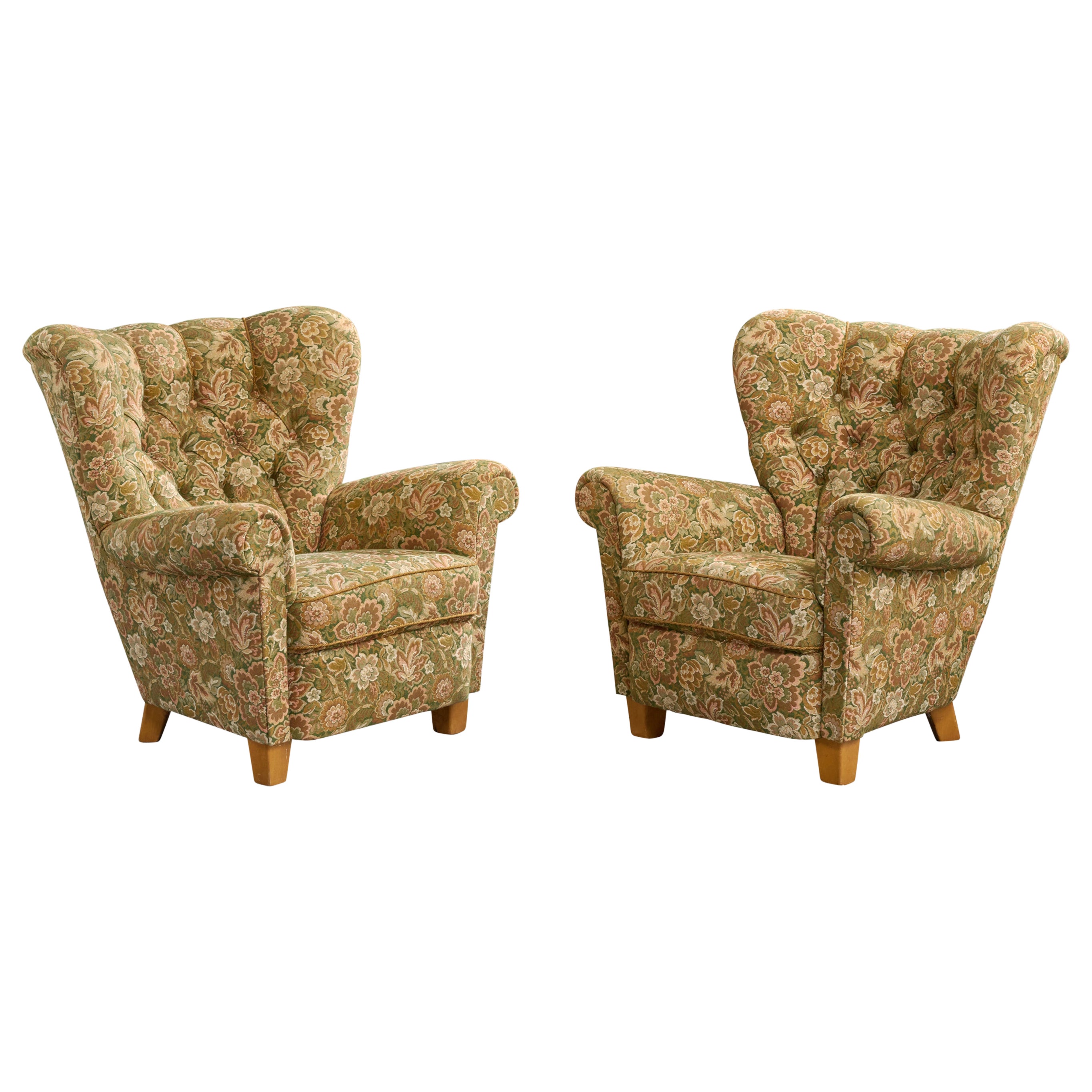 Swedish Designer, Lounge Chairs, Fabric, Wood, Sweden, 1940s