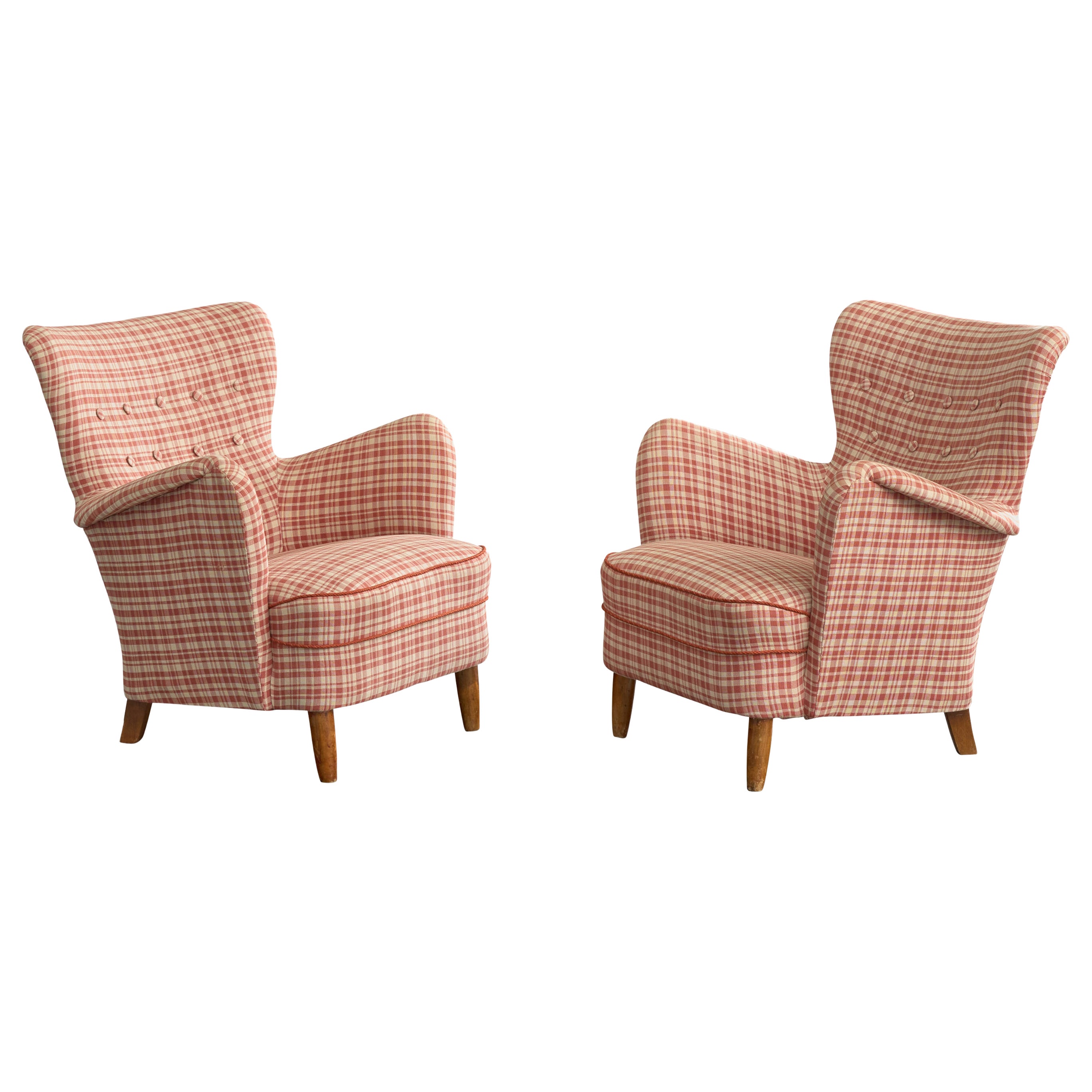 Swedish Designer, Lounge Chairs, Fabric, Wood, Sweden, 1940s