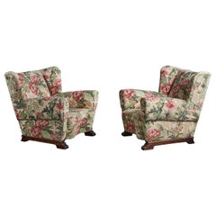 Swedish Designer, Lounge Chairs, Fabric, Wood, Sweden, 1940s
