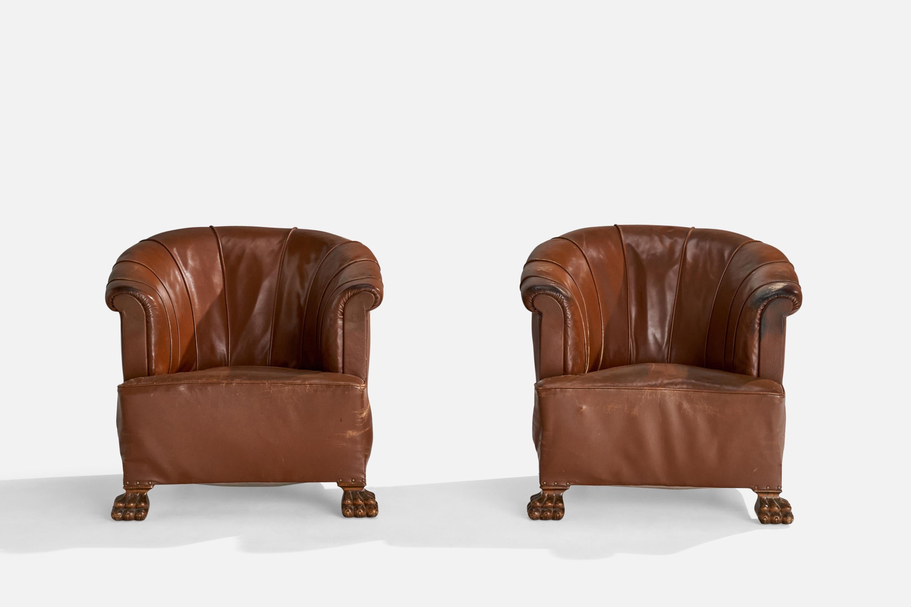 Suédois Designer suédois, fauteuils de salon, cuir, bouleau, Suède, années 1930 en vente