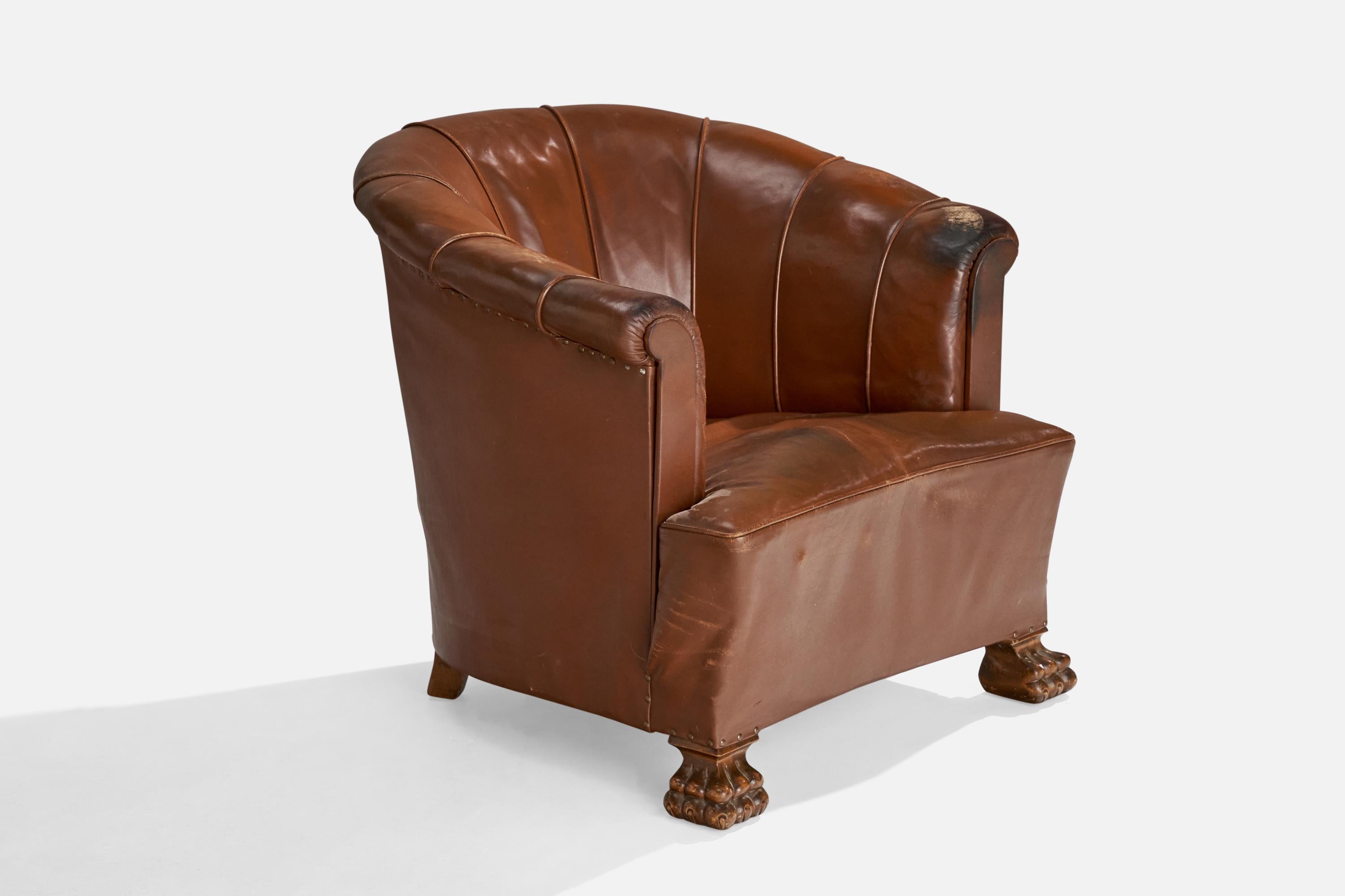 Designer suédois, fauteuils de salon, cuir, bouleau, Suède, années 1930 État moyen - En vente à High Point, NC