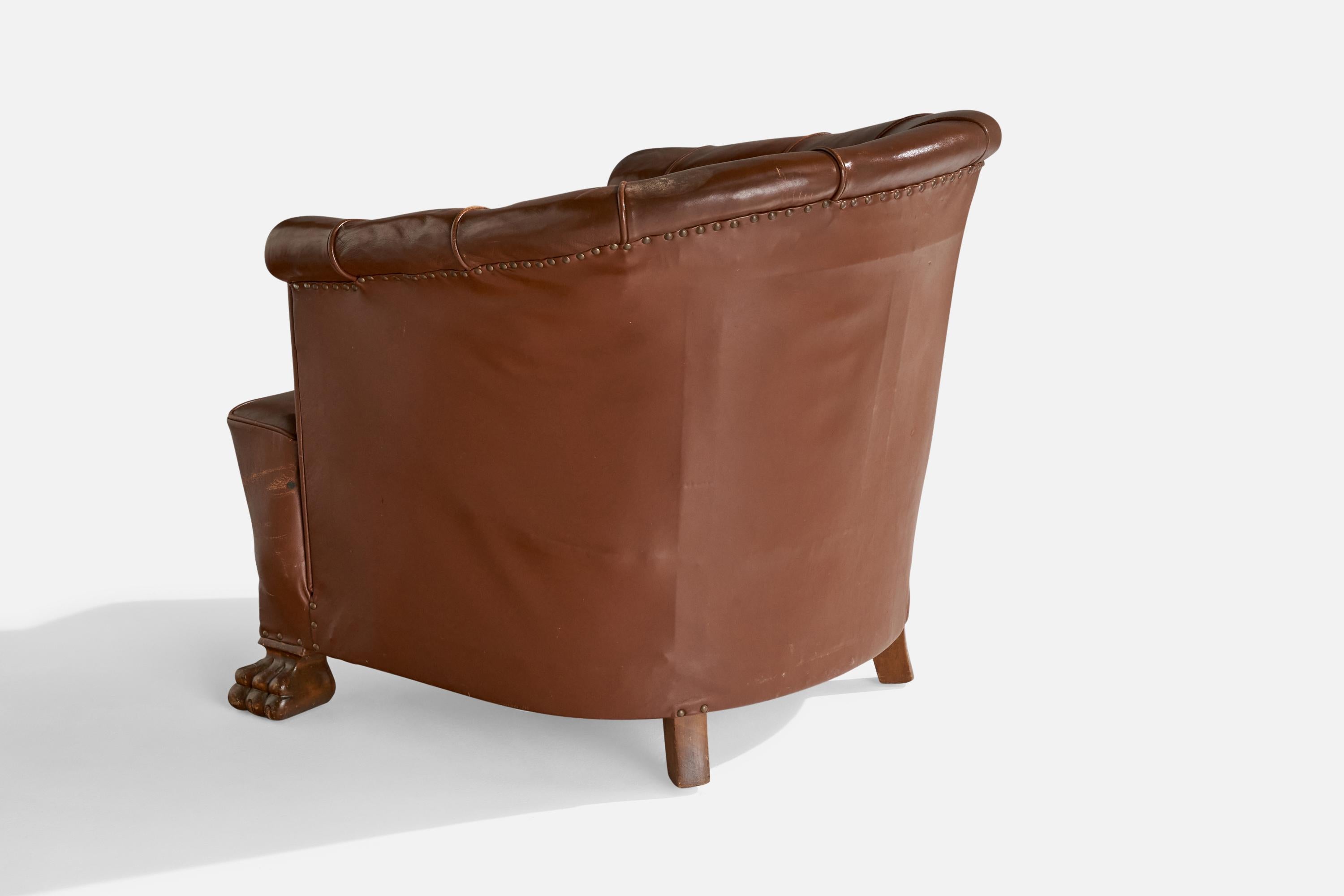 Milieu du XXe siècle Designer suédois, fauteuils de salon, cuir, bouleau, Suède, années 1930 en vente