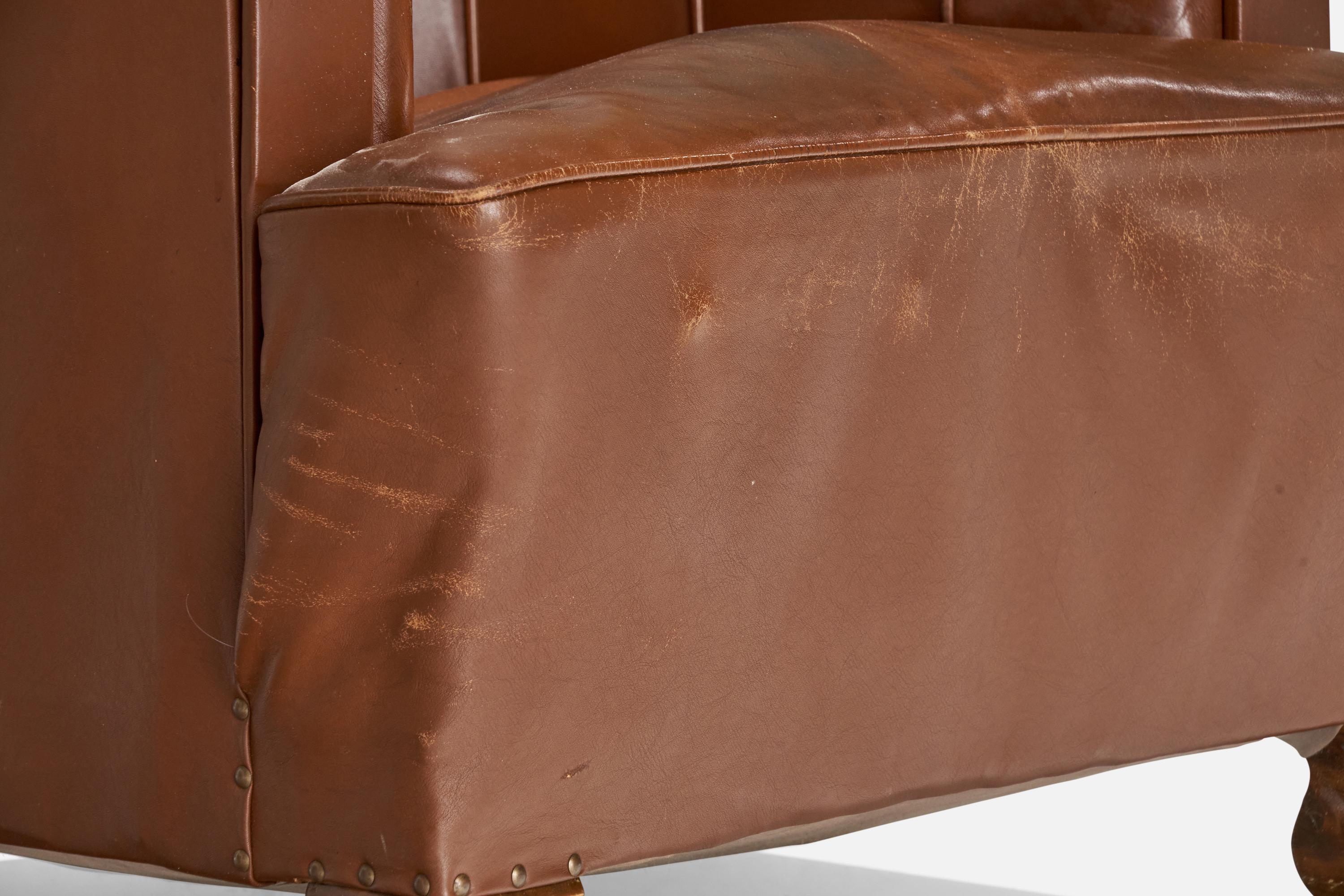 Cuir Designer suédois, fauteuils de salon, cuir, bouleau, Suède, années 1930 en vente