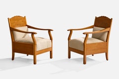 Swedish Designer, Lounge Chairs, Oak, Fabric, Sweden, 1900