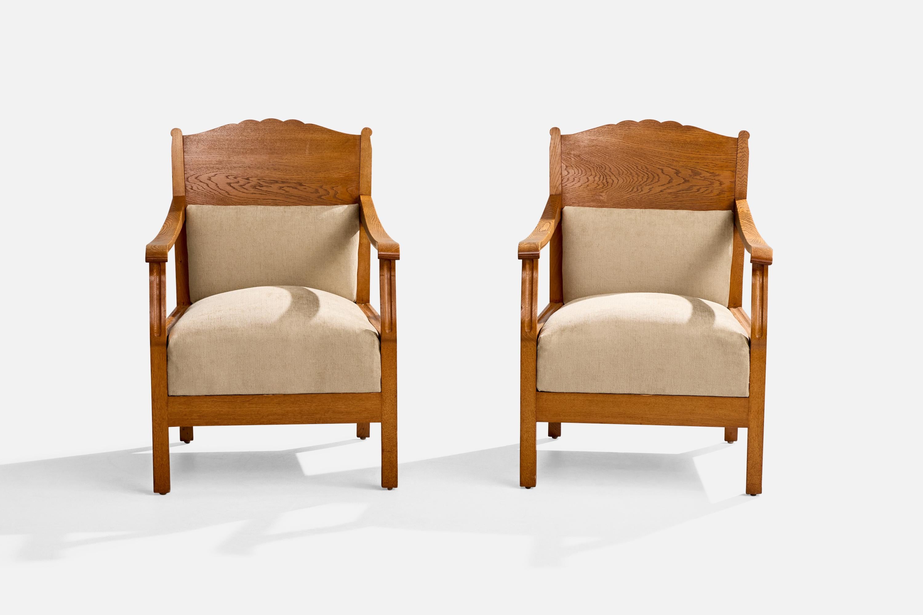 Schwedischer Designer, Lounge Chairs, Eiche, Stoff, Schweden, 1900 (Frühes 20. Jahrhundert) im Angebot