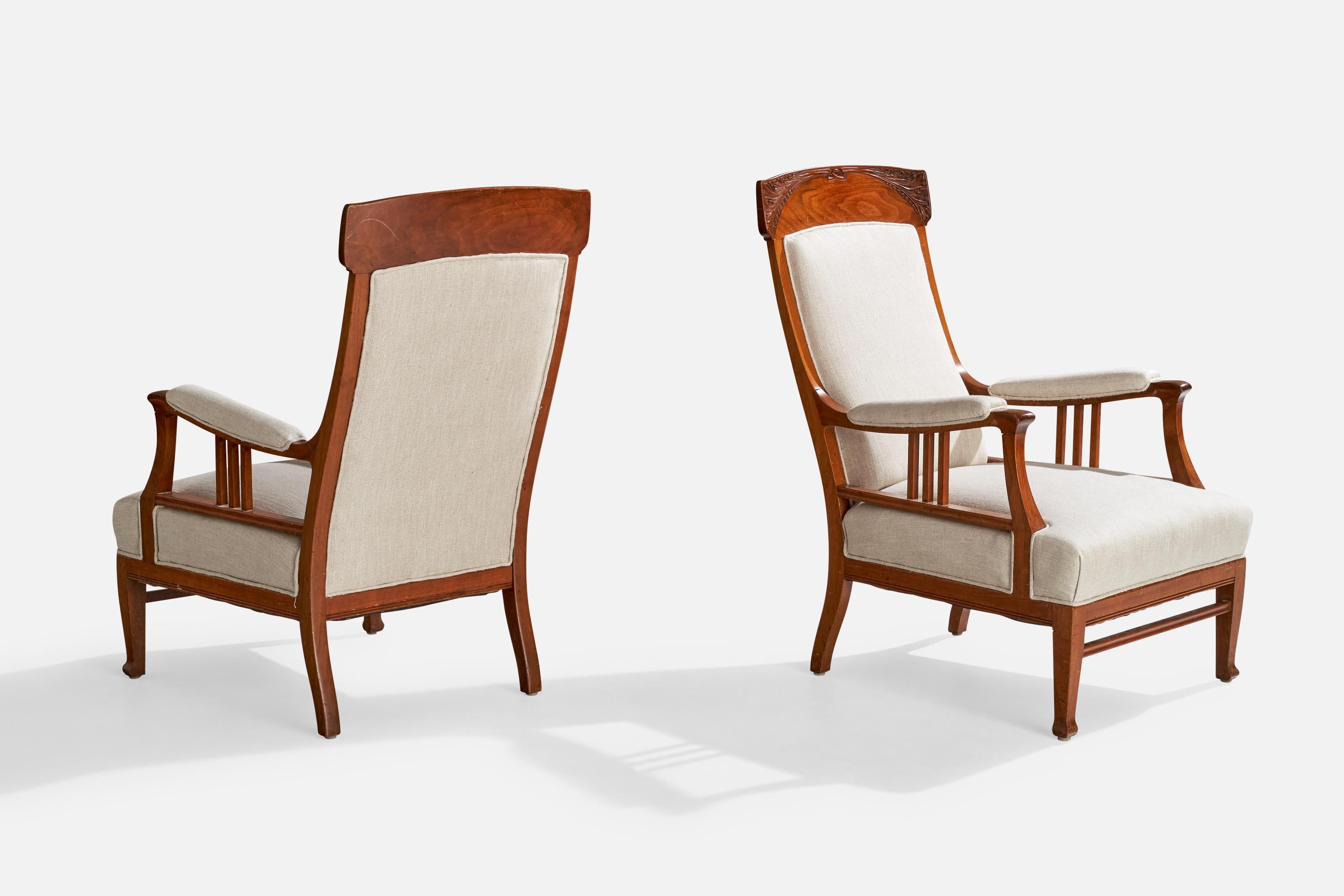 Art Nouveau Swedish Designer, Lounge Chairs, Oak, Fabric, Sweden, 1900s