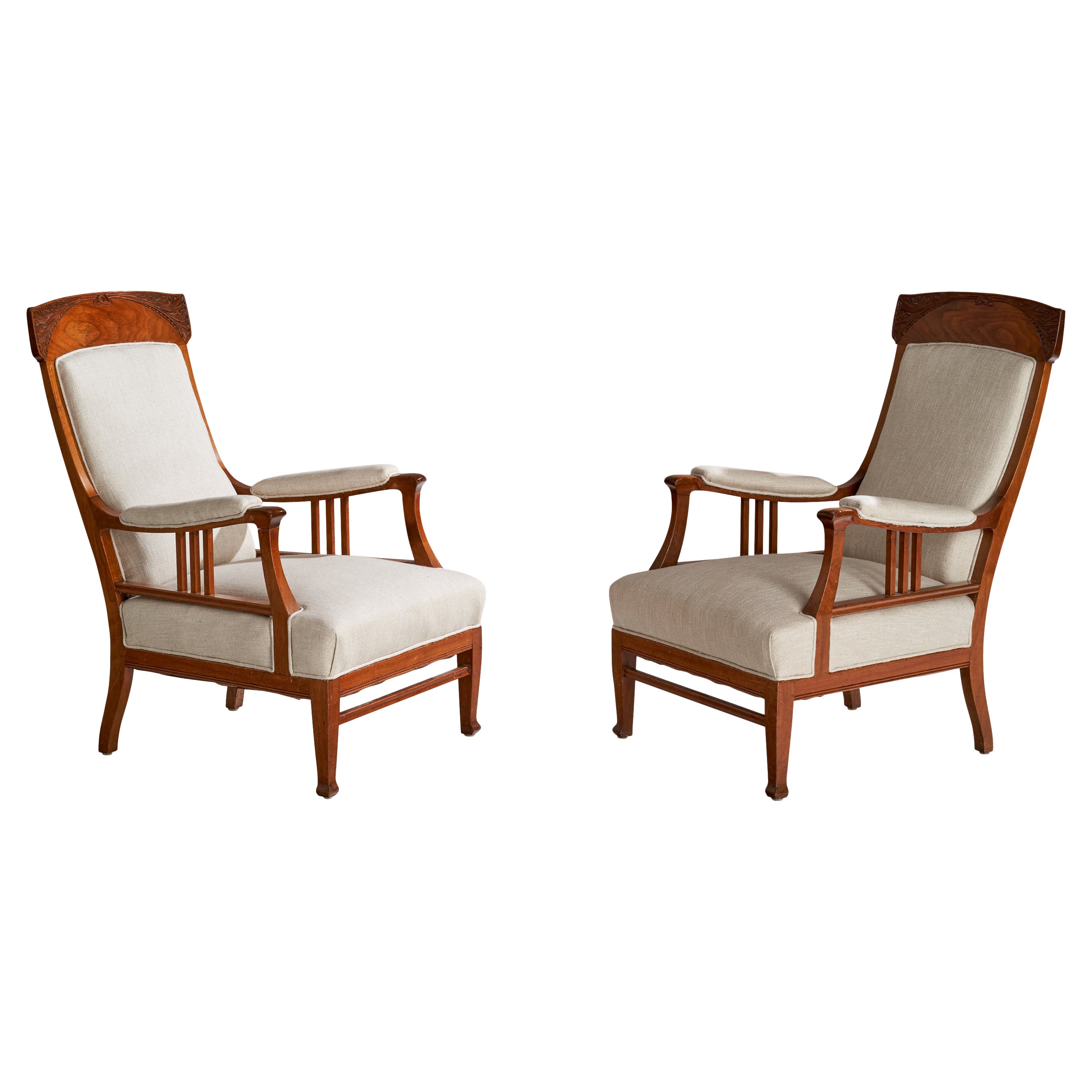 Swedish Designer, Lounge Chairs, Oak, Fabric, Sweden, 1900s