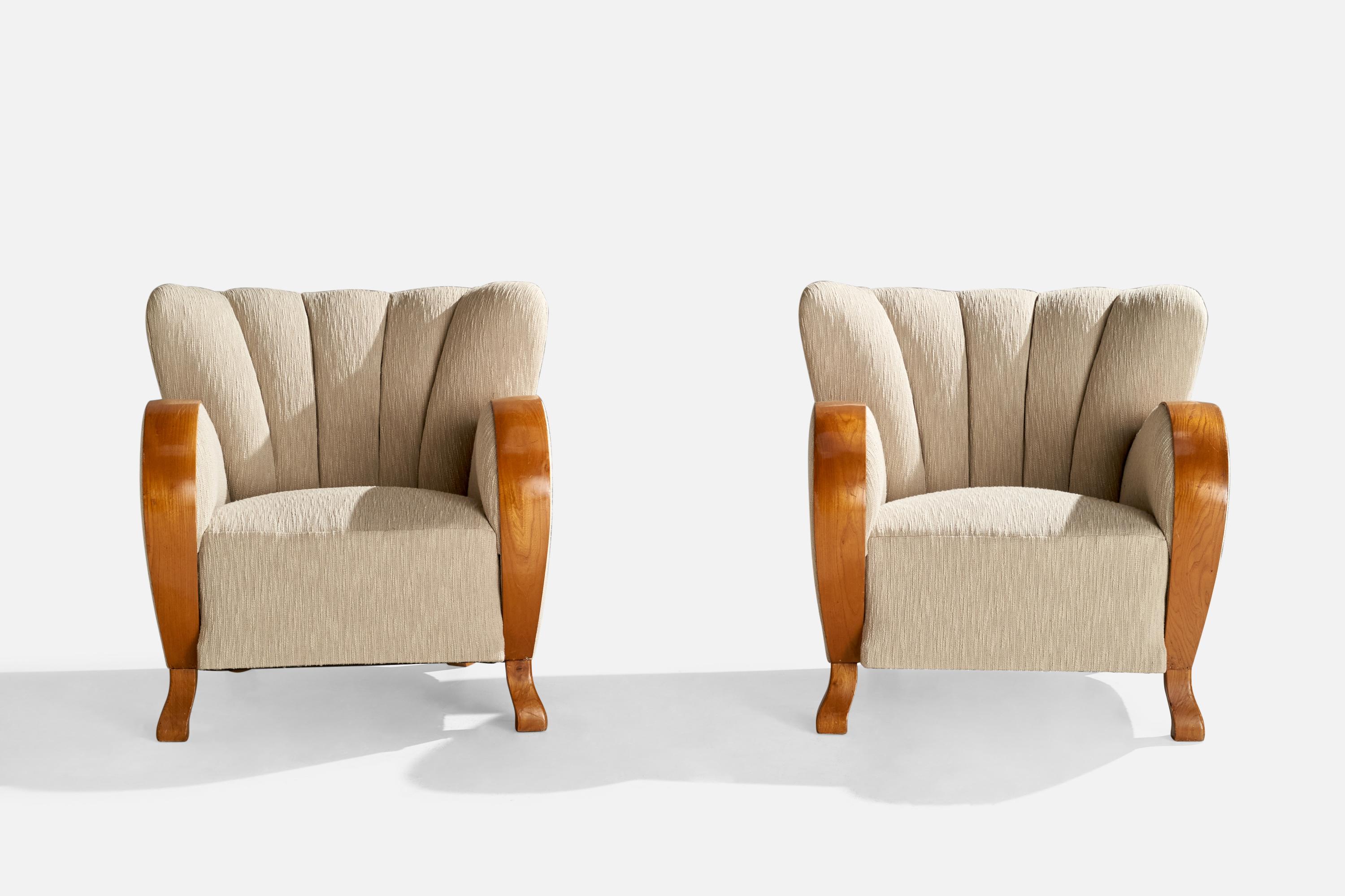 Art Deco Swedish Designer, Lounge Chairs, Oak, Fabric, Sweden, 1930s For Sale