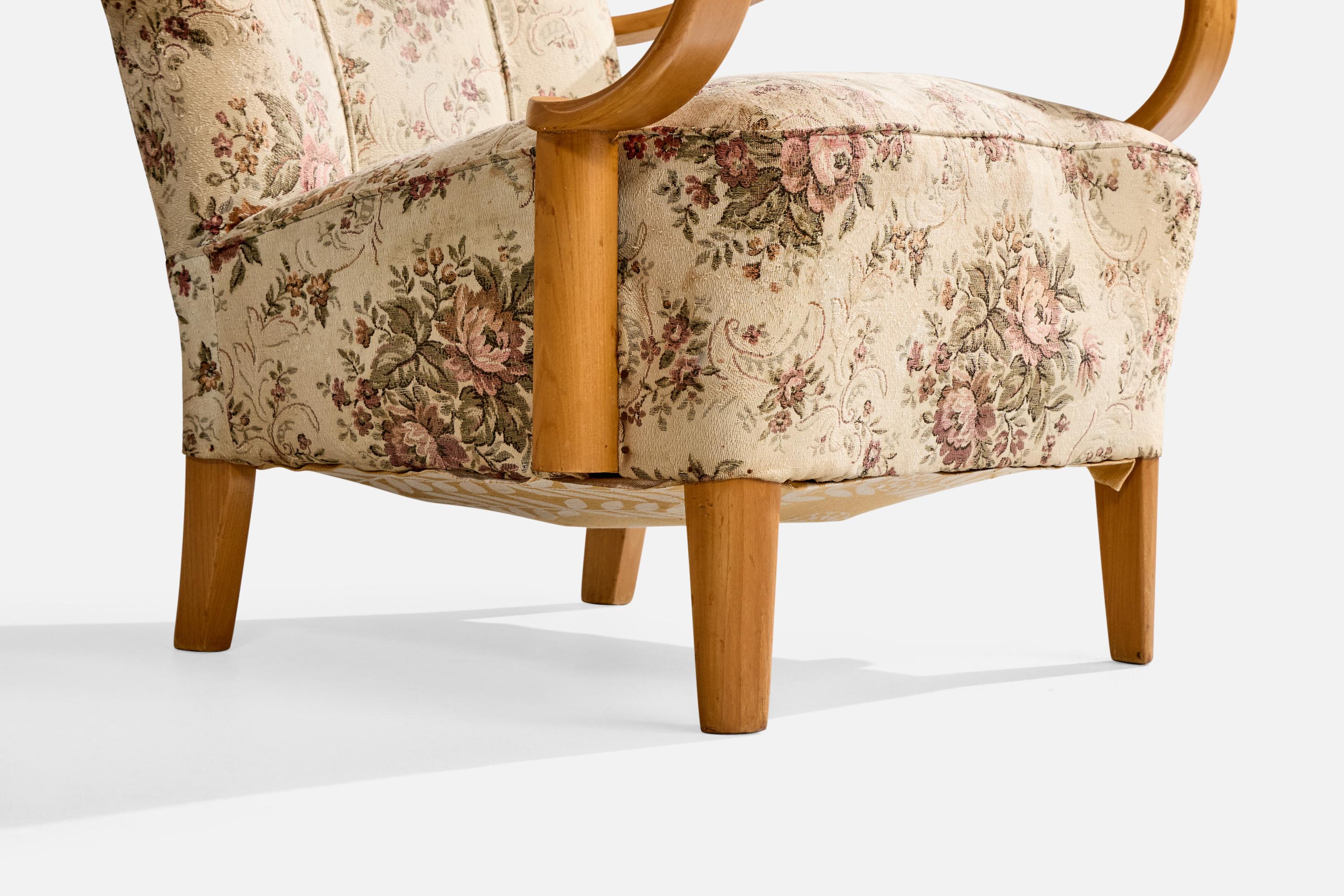 Designer suédois, fauteuils de salon, chêne, tissu, Suède, années 1940 en vente 6