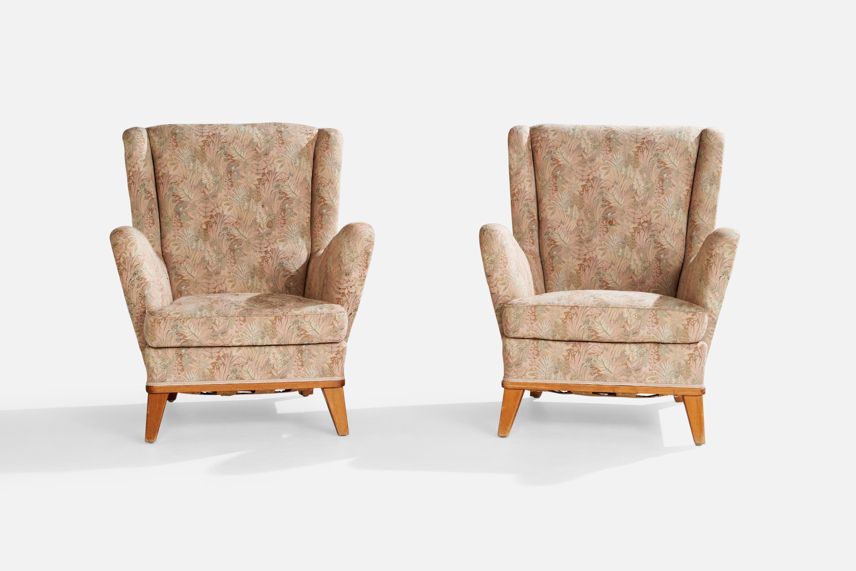 Scandinave moderne Designer suédois, fauteuils de salon, chêne, tissu, Suède, années 1940 en vente