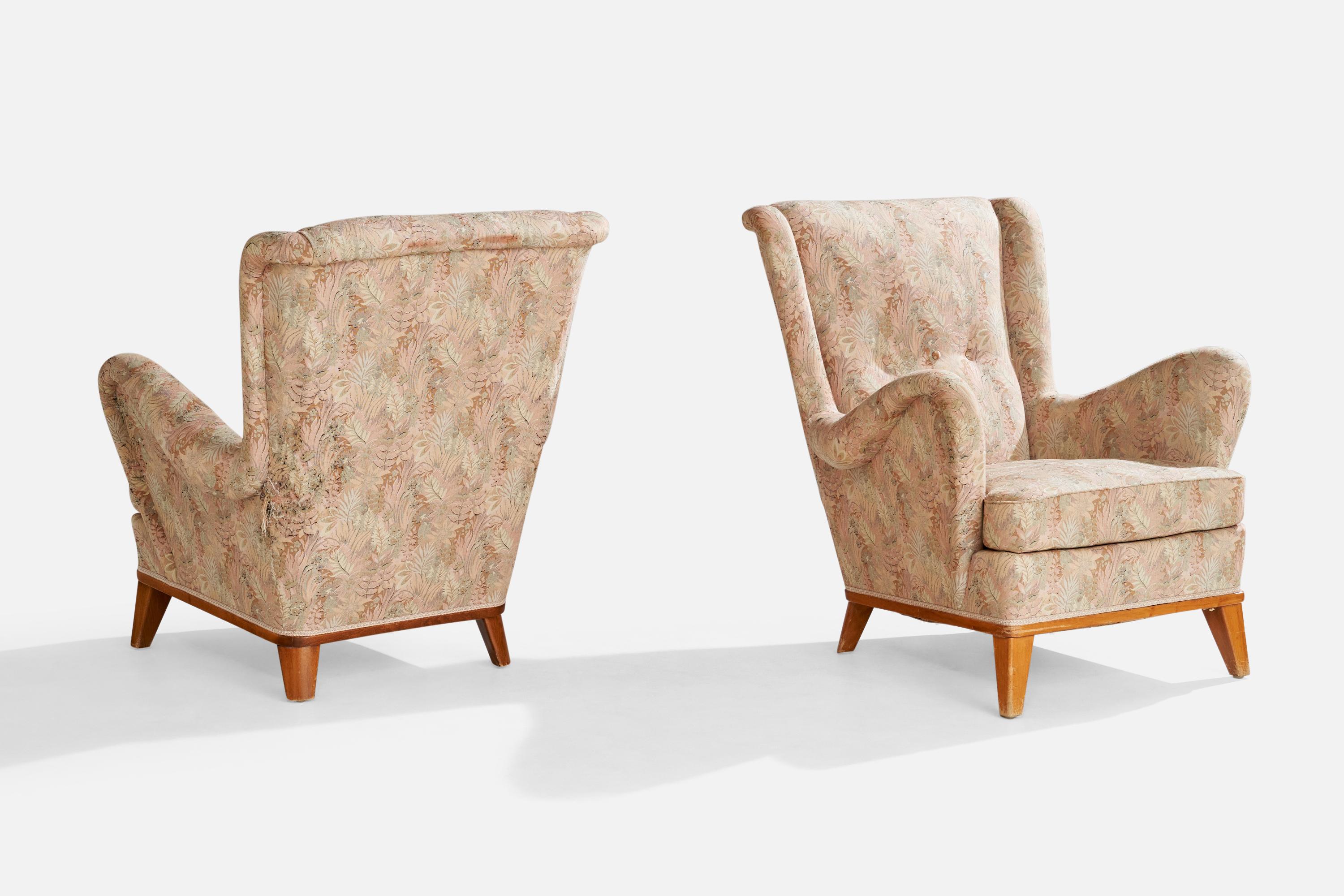 Suédois Designer suédois, fauteuils de salon, chêne, tissu, Suède, années 1940 en vente