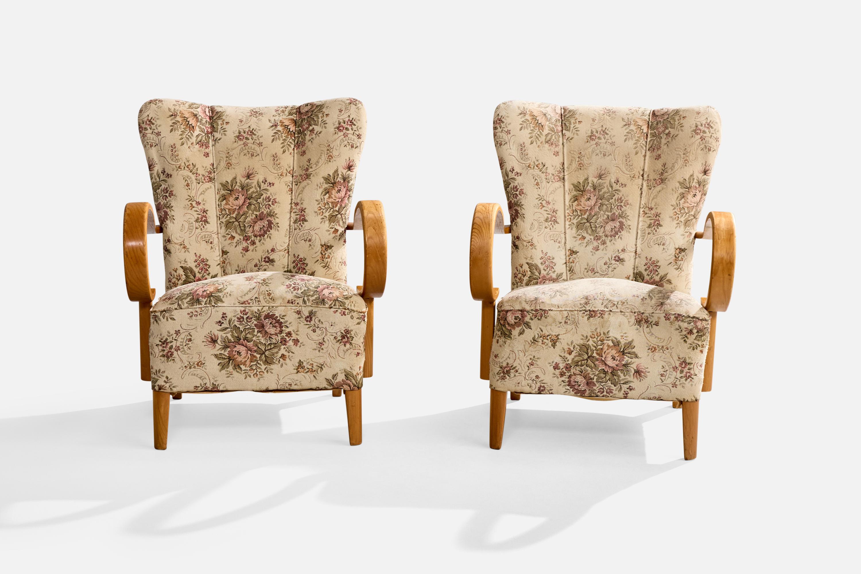 Suédois Designer suédois, fauteuils de salon, chêne, tissu, Suède, années 1940 en vente