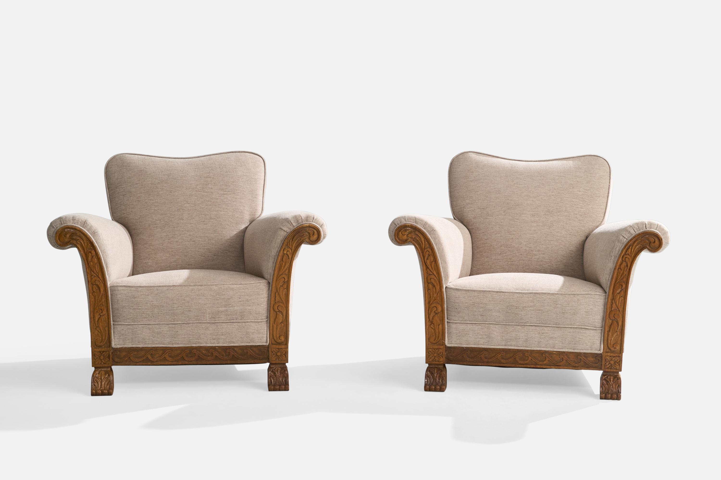Swedish Designer, Lounge Chairs, Oak, Fabric, Sweden, 1940s 3