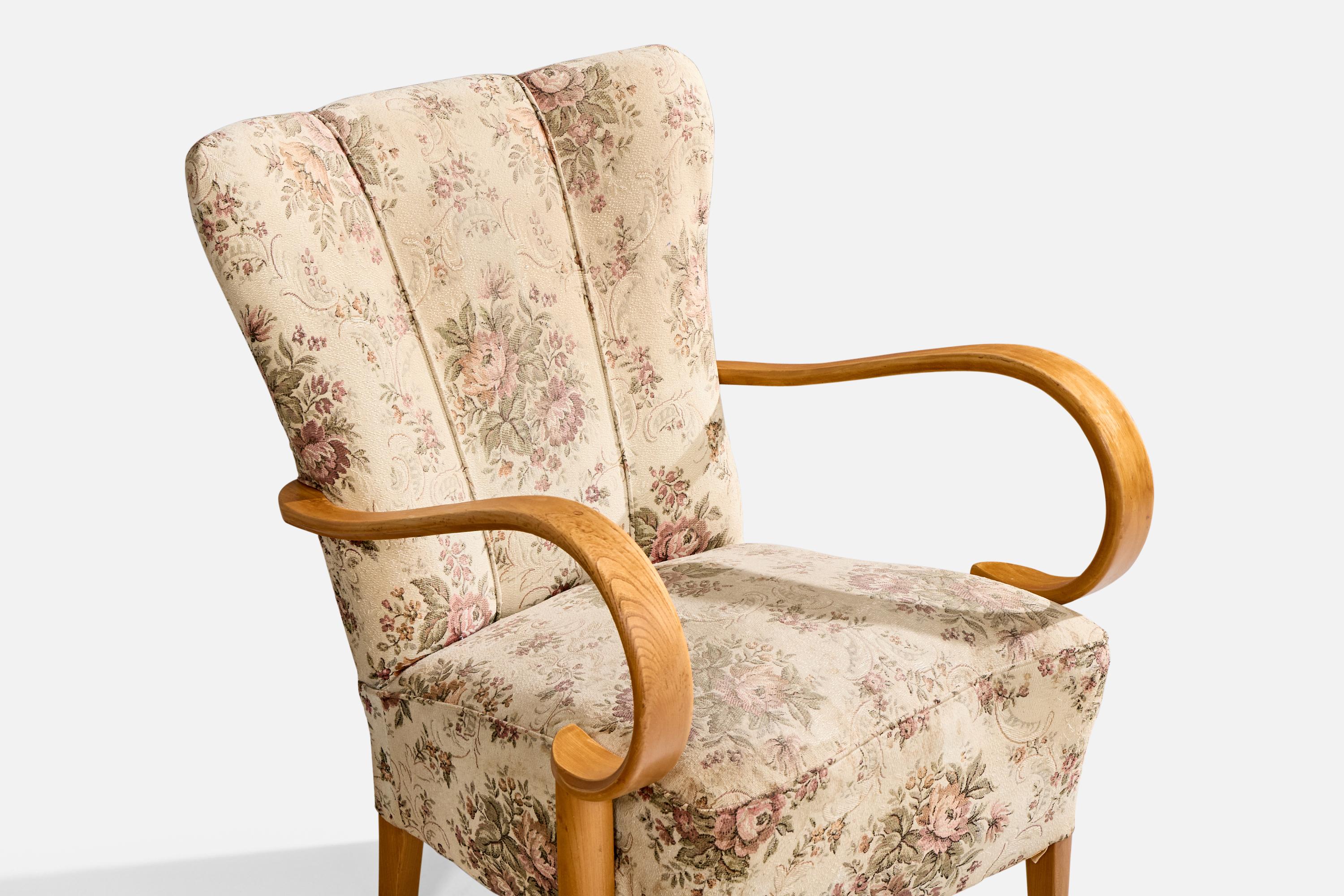 Designer suédois, fauteuils de salon, chêne, tissu, Suède, années 1940 en vente 1