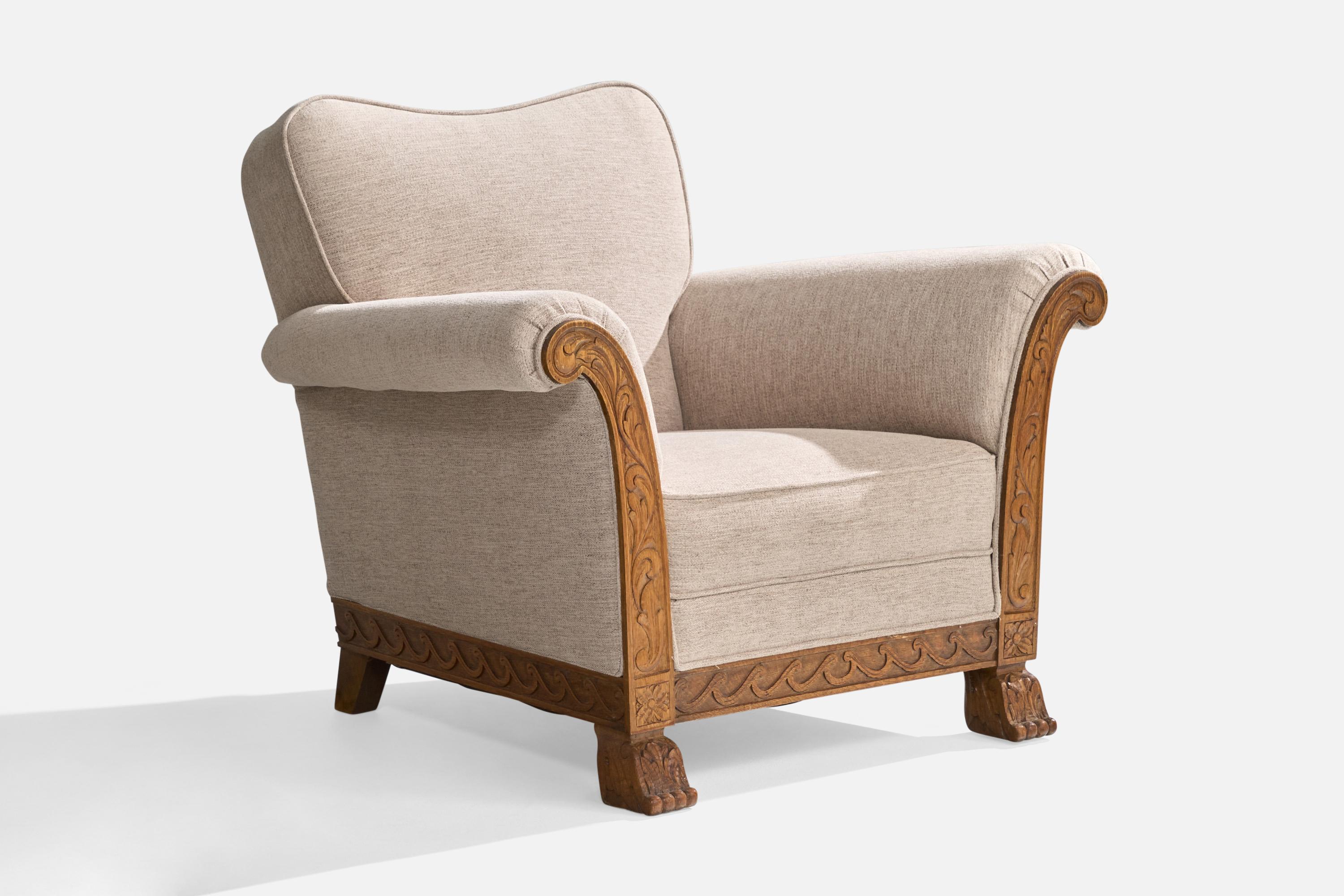 Swedish Designer, Lounge Chairs, Oak, Fabric, Sweden, 1940s 5