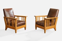 Swedish Designer, Lounge Chairs, Oak, Leather, Sweden, 1910s